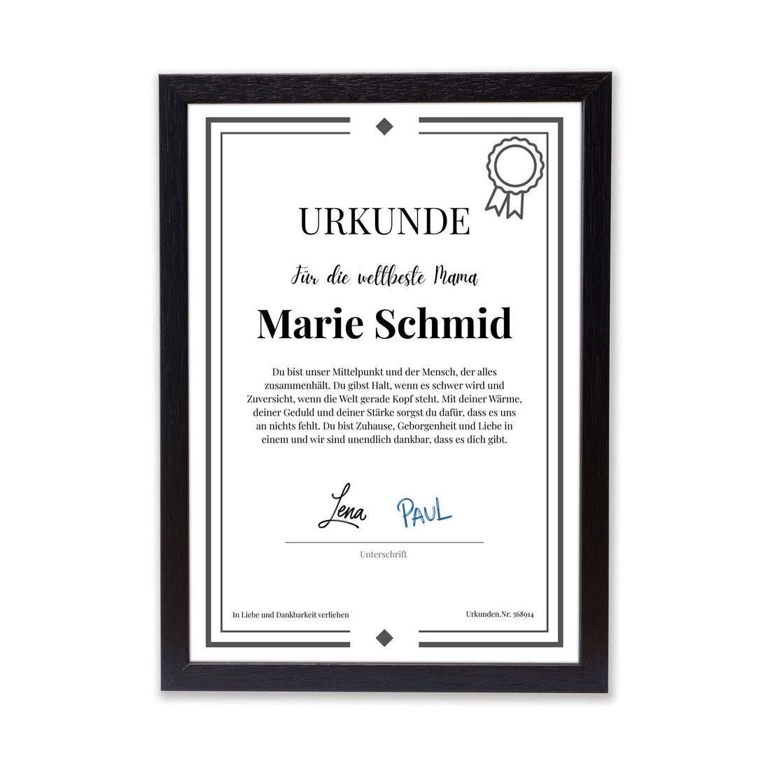 Mama Urkunde Poster, personalisierbar mit Namen + Text, Massivholzrahmen, verschiedene Größen, Einrahmservice, Geschenk Mutter