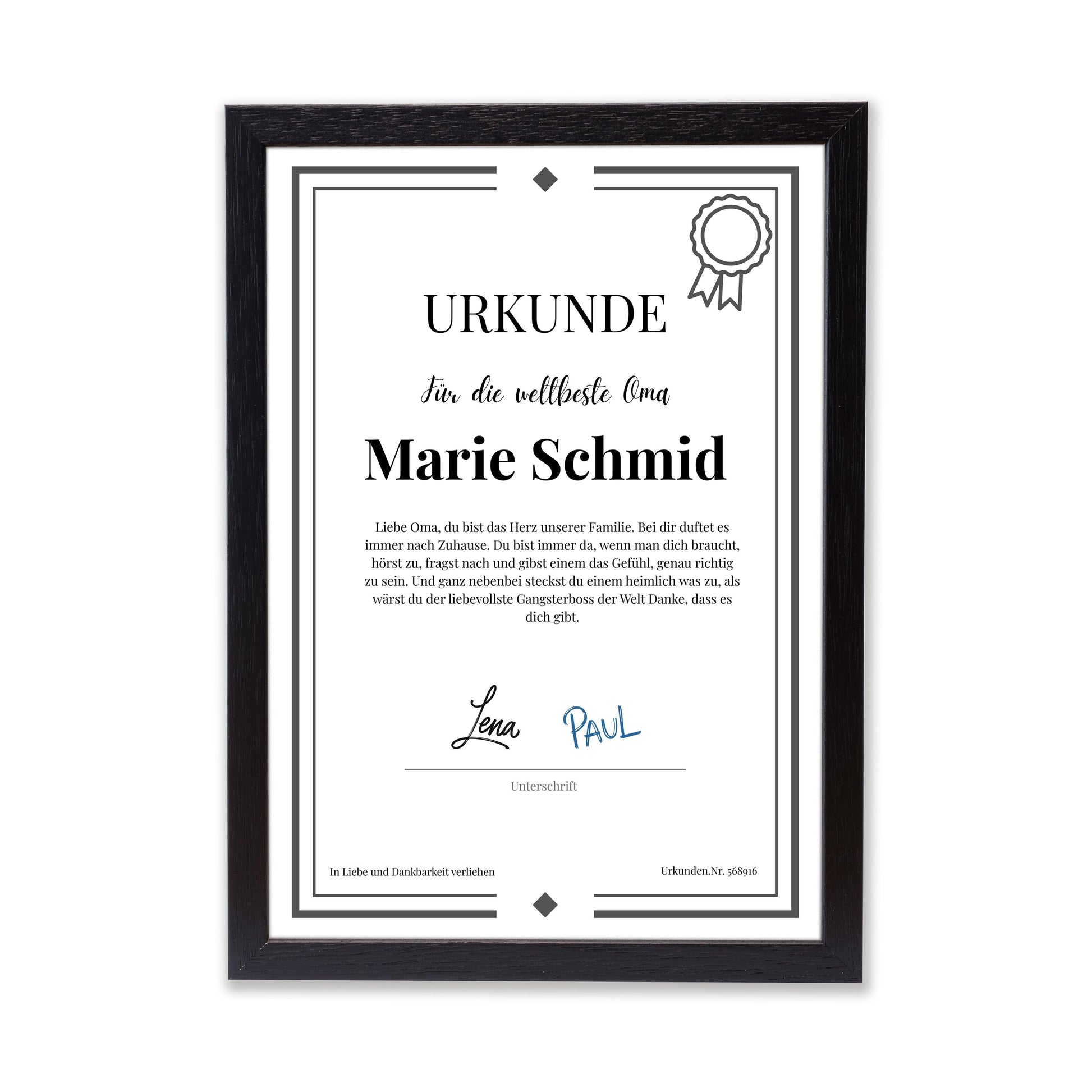 Oma Urkunde Poster, personalisierbar mit Namen + Text, Massivholzrahmen, verschiedene Größen, Einrahmservice, Geschenk Oma