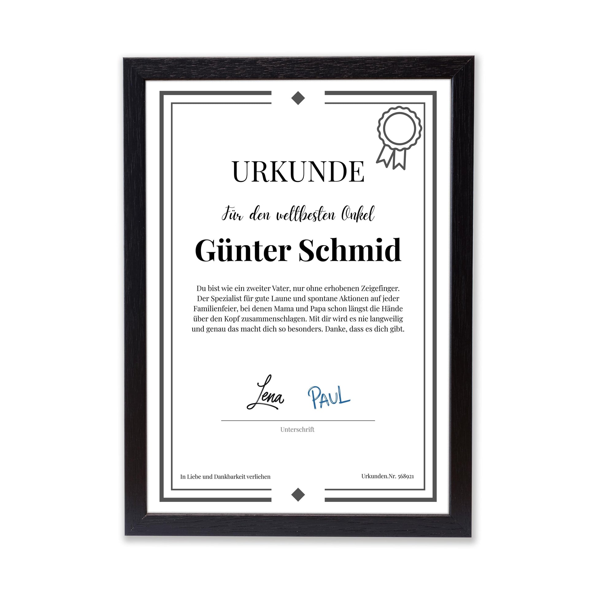 Onkel Urkunde Poster, personalisierbar mit Namen + Text, Massivholzrahmen, verschiedene Größen, Einrahmservice, Geschenk Onkel