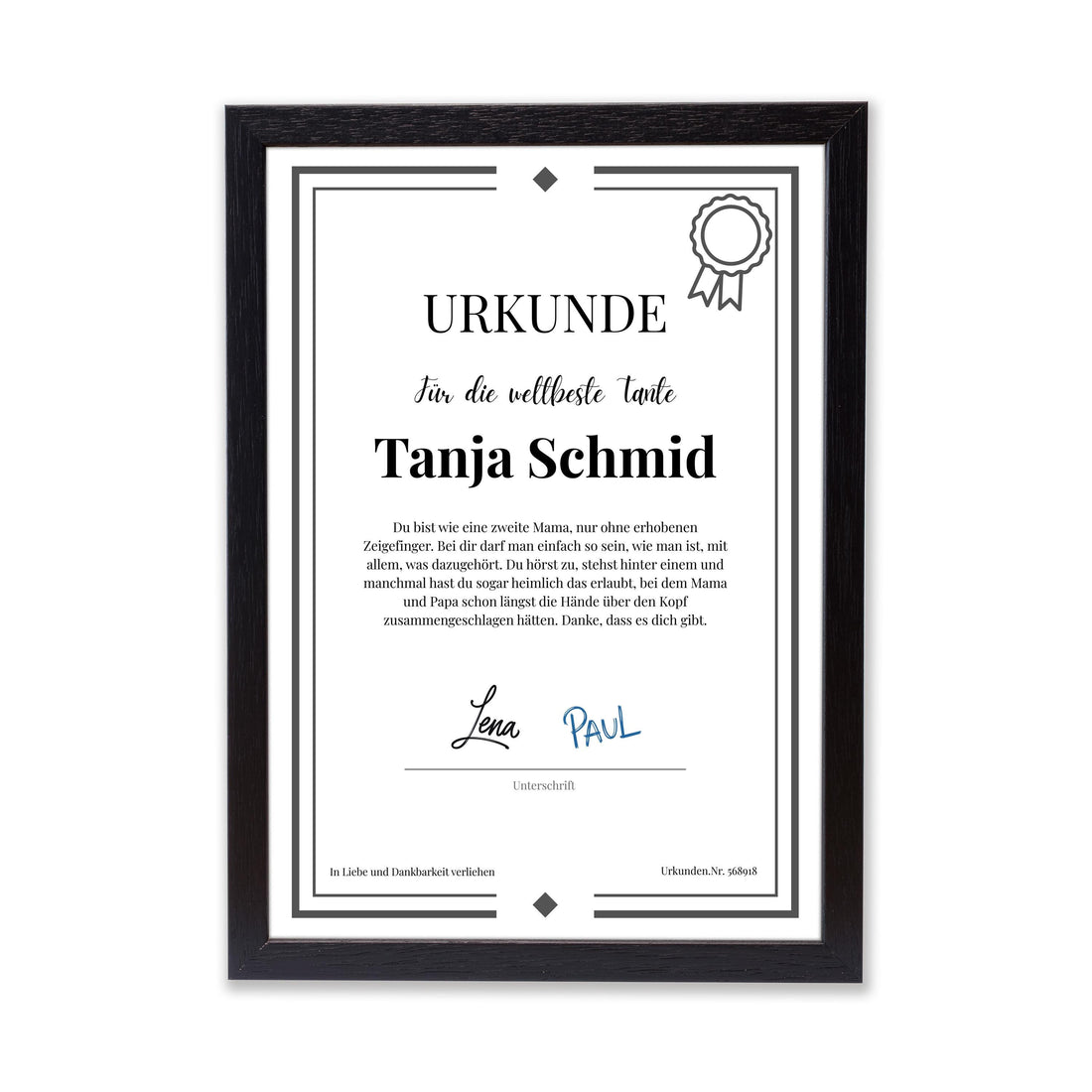 Tante Urkunde Poster, personalisierbar mit Namen + Text, Massivholzrahmen, verschiedene Größen, Einrahmservice, Geschenk Tante