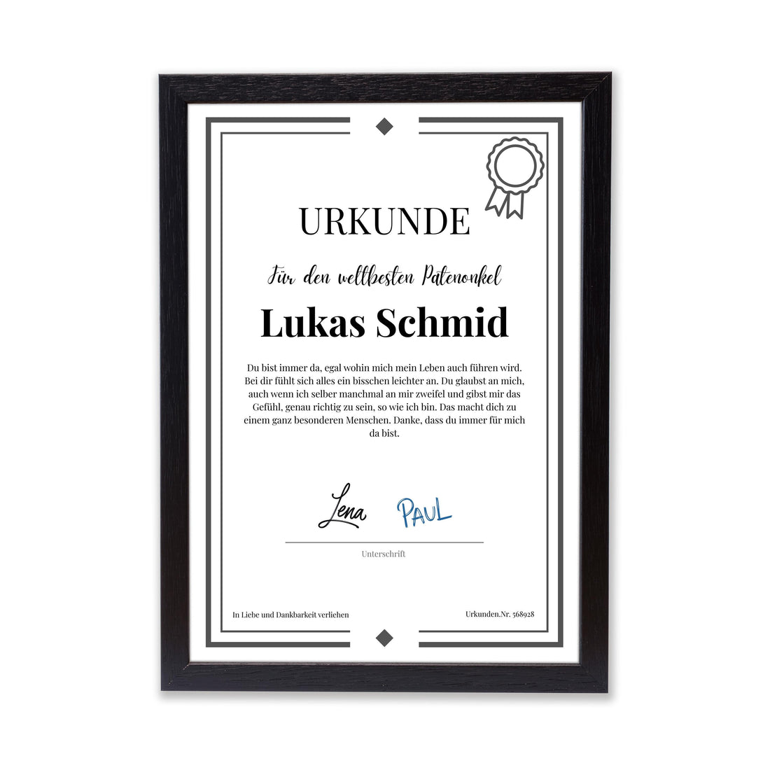Patenonkel Urkunde Poster, personalisierbar mit Namen + Text, Massivholzrahmen, verschiedene Größen, Einrahmservice, Geschenk Patenonkel