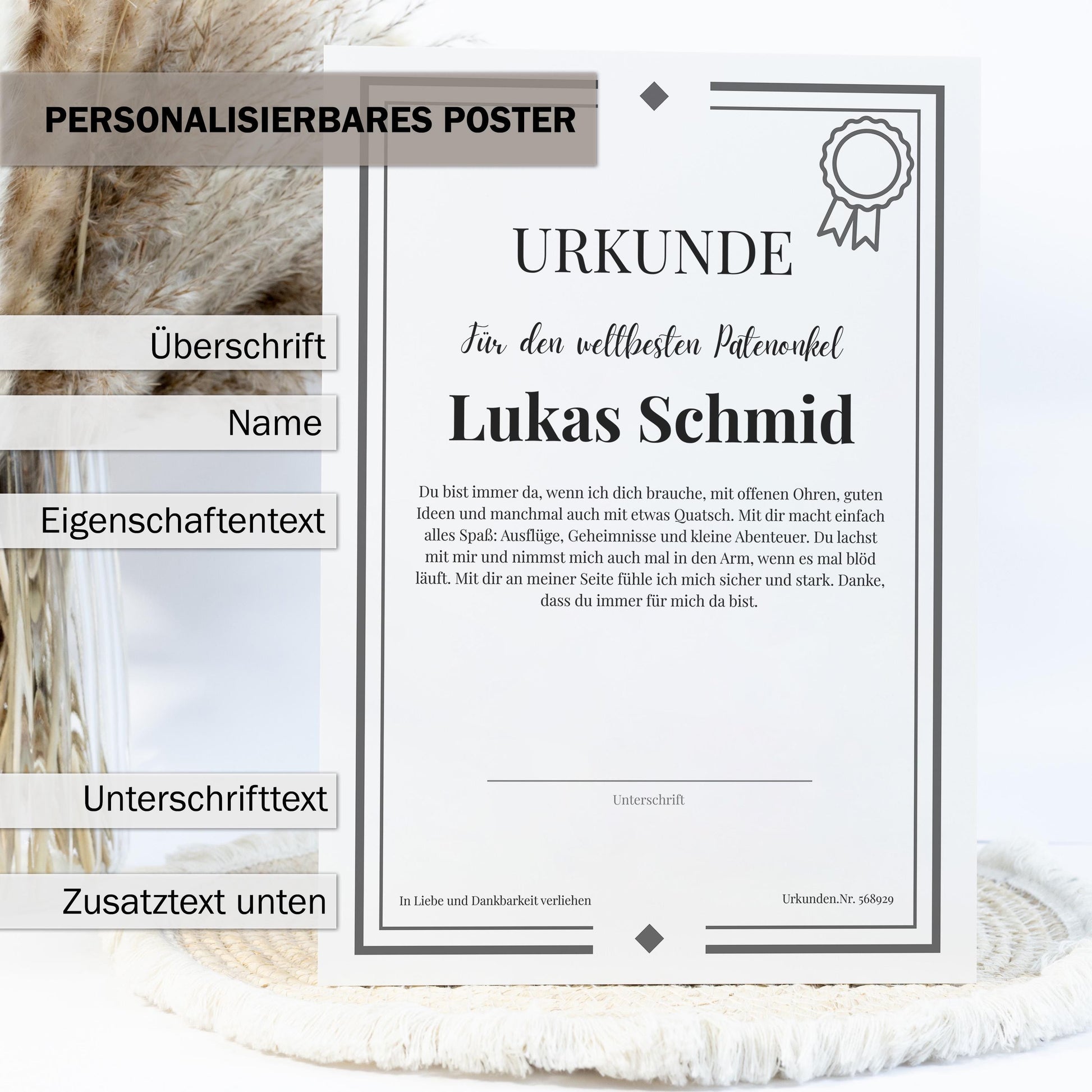 Patenonkel Urkunde Poster, personalisierbar mit Namen + Text, Massivholzrahmen, verschiedene Größen, Einrahmservice, Geschenk Patenonkel