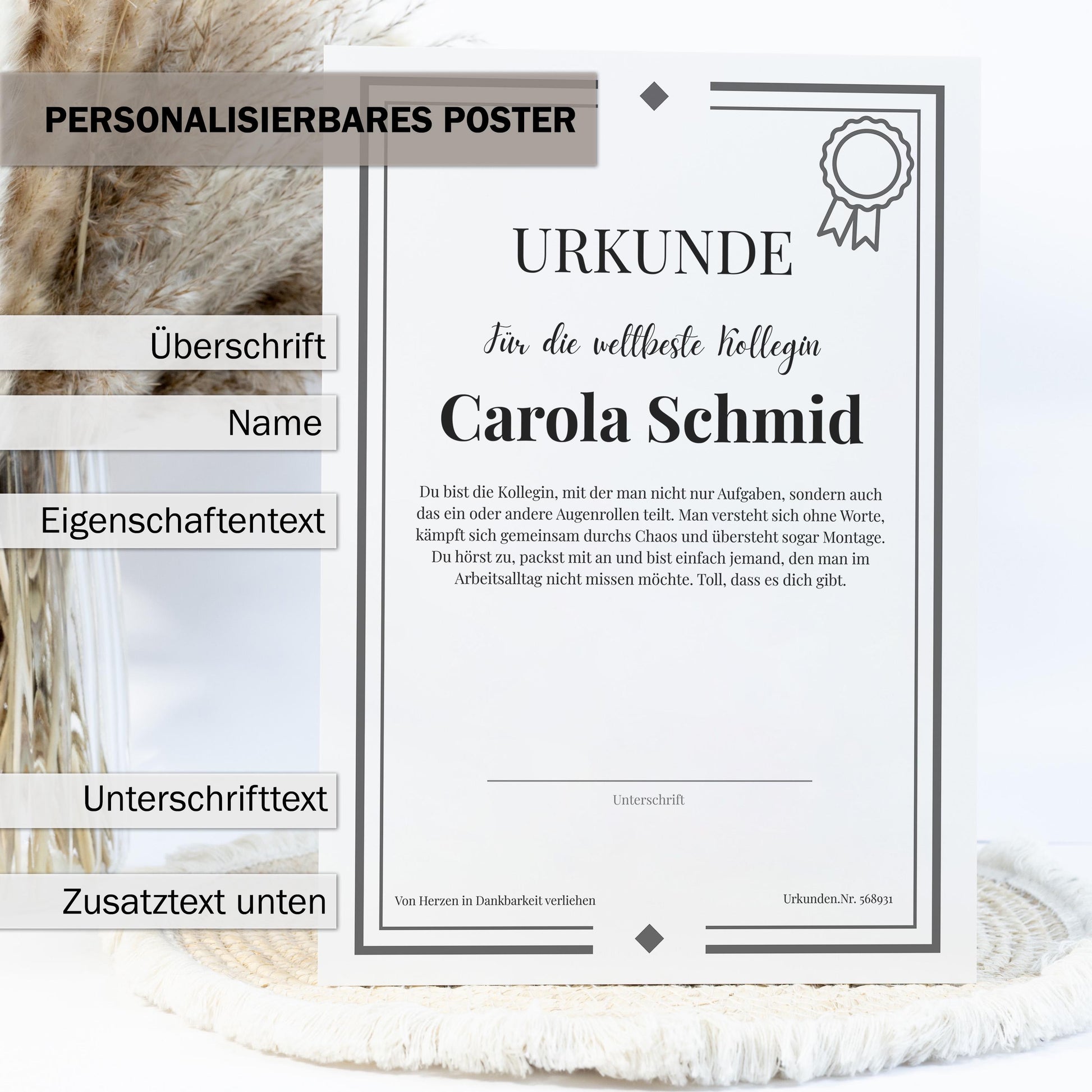 Kollegin Urkunde Poster, personalisierbar mit Namen + Text, Massivholzrahmen, verschiedene Größen, Einrahmservice, Geschenk Kollegin