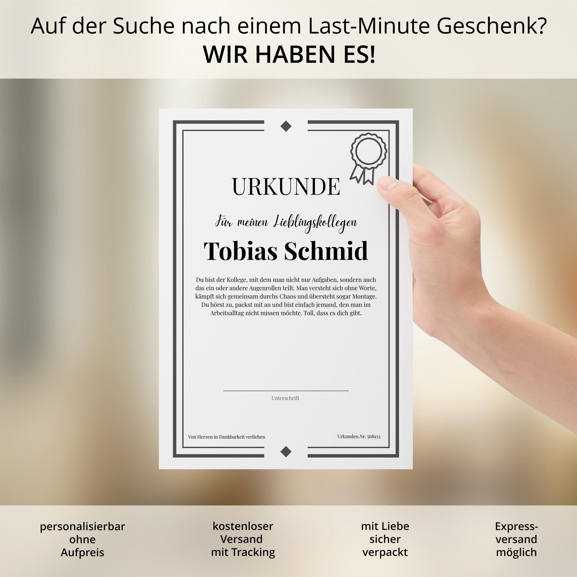 Lieblingskollege Urkunde Poster, personalisierbar mit Namen + Text, Massivholzrahmen, verschiedene Größen, Einrahmservice, Geschenk Kollege