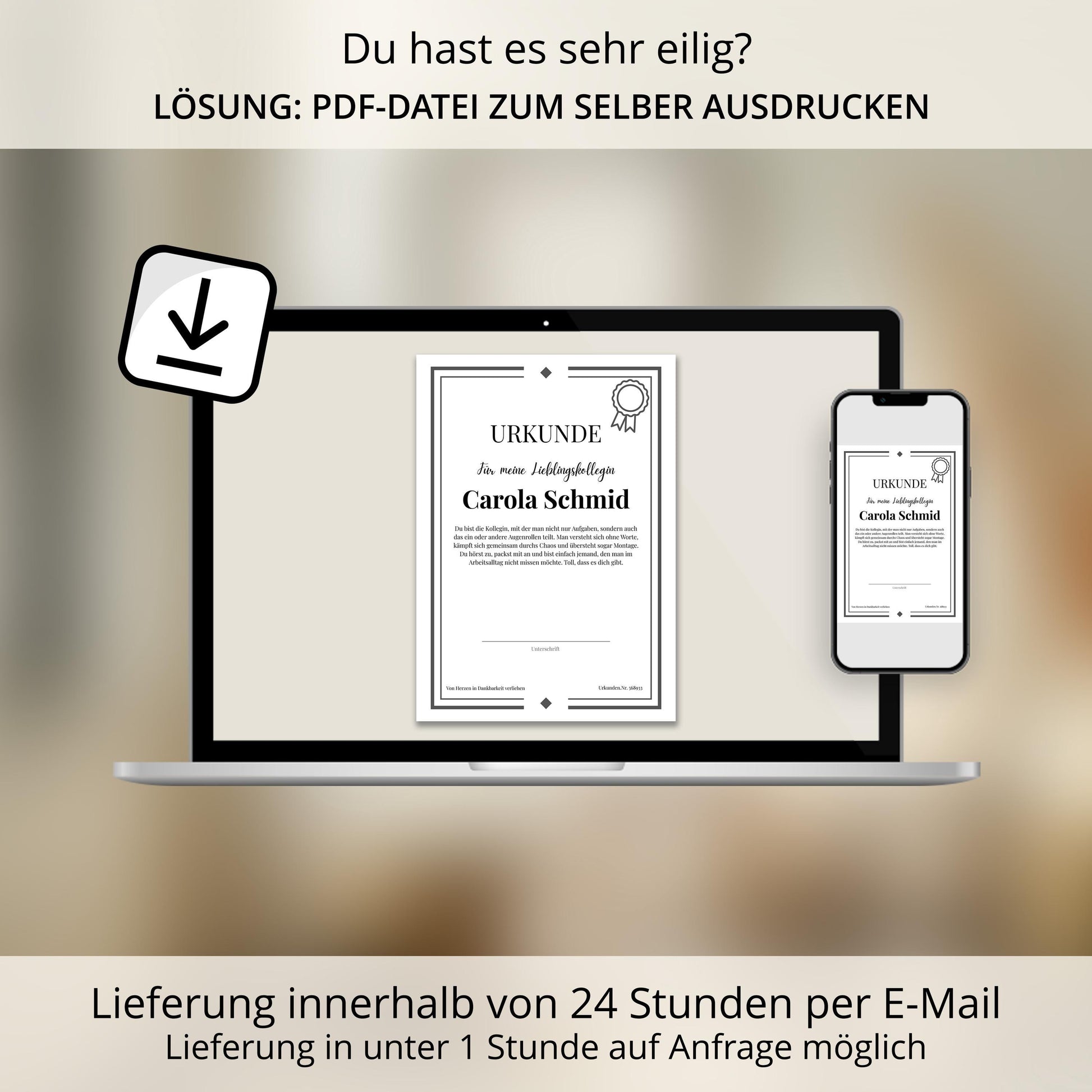 Lieblingskollegin Urkunde Poster personalisierbar mit Namen + Text, Massivholzrahmen, verschiedene Größen, Einrahmservice, Geschenk Kollegin