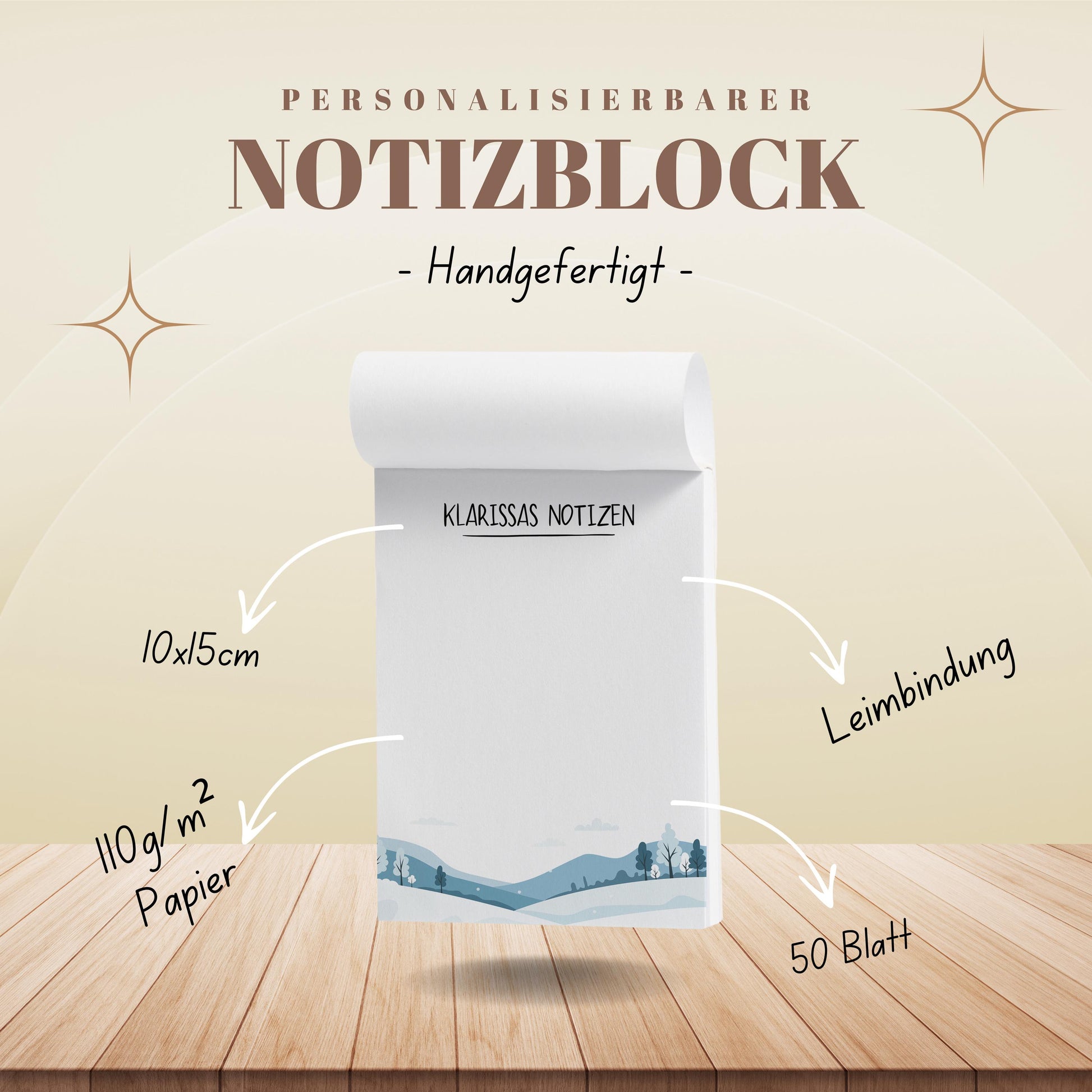 Notizblock Winter Design, 10x15 cm, 50 Blatt mit Leimbindung, personalisierbar mit Namen, Handmade, Schreibwaren Büro