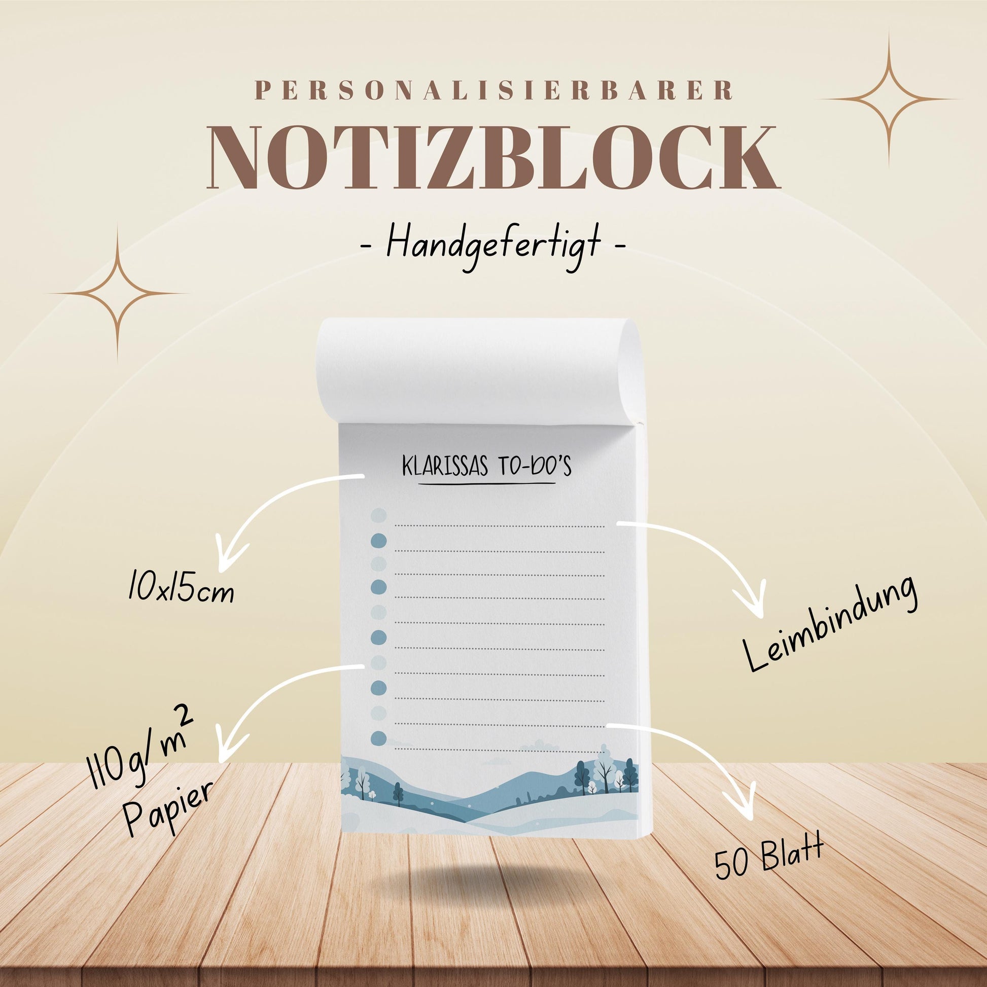 Notizblock Winter Design, 10x15 cm, 50 Blatt mit Leimbindung, personalisierbar mit Namen, Handmade, Schreibwaren Büro