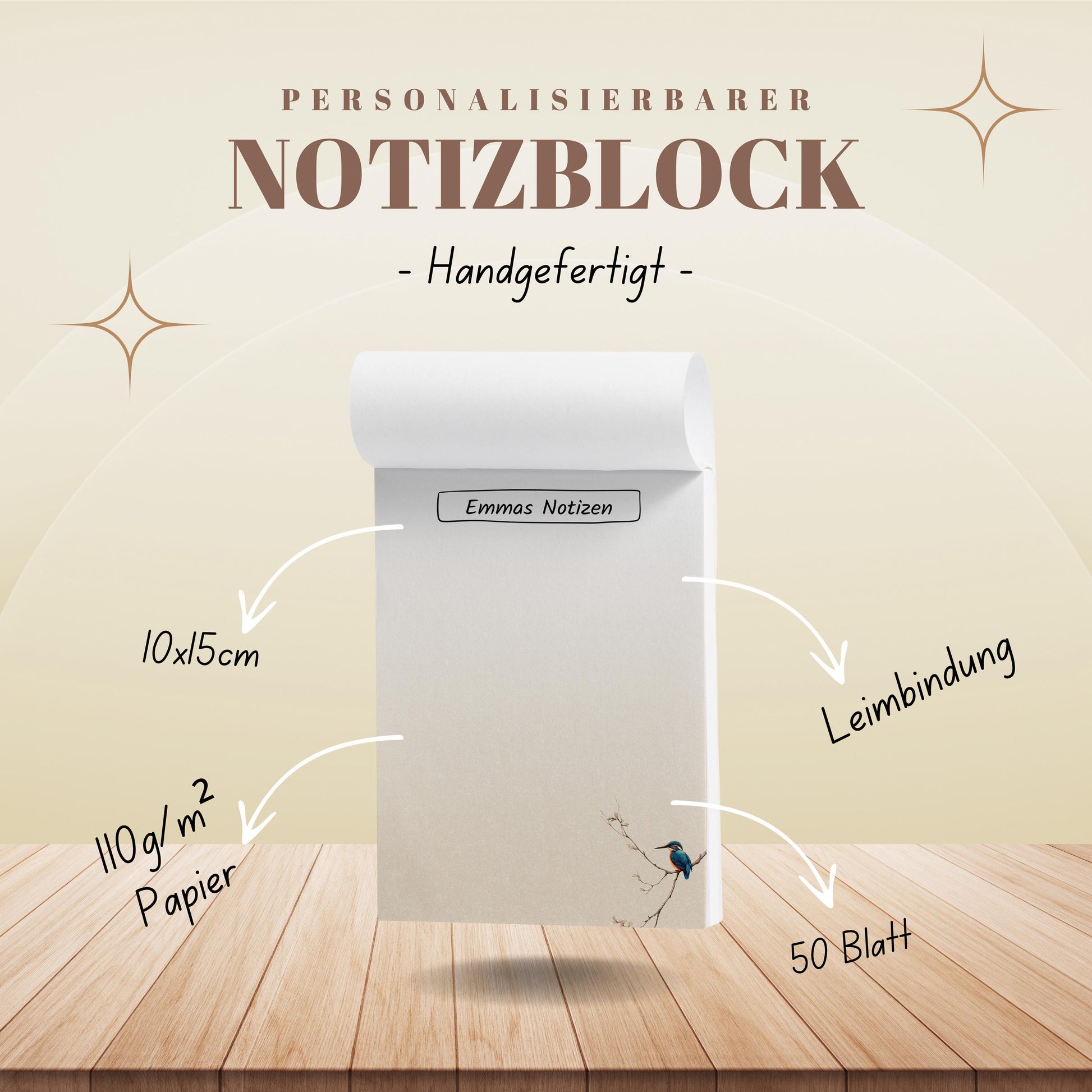 Notizblock Eisvogel Design, 10x15 cm, 50 Blatt mit Leimbindung, personalisierbar mit Namen, Handmade, Geschenk Ornithologe