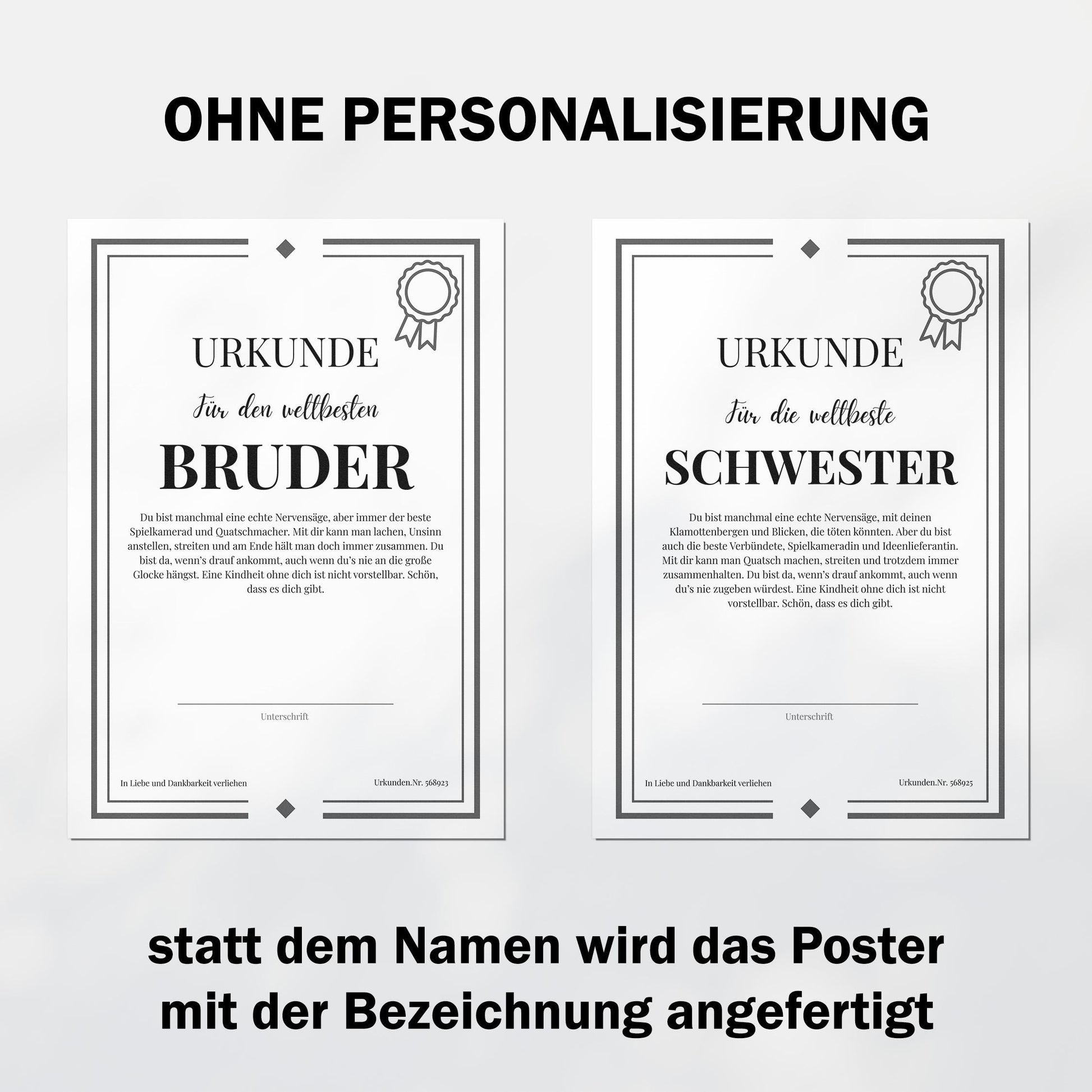 Schwester Urkunde Poster, personalisierbar mit Namen + Text, Massivholzrahmen, verschiedene Größen, Einrahmservice, Geschenk Schwester