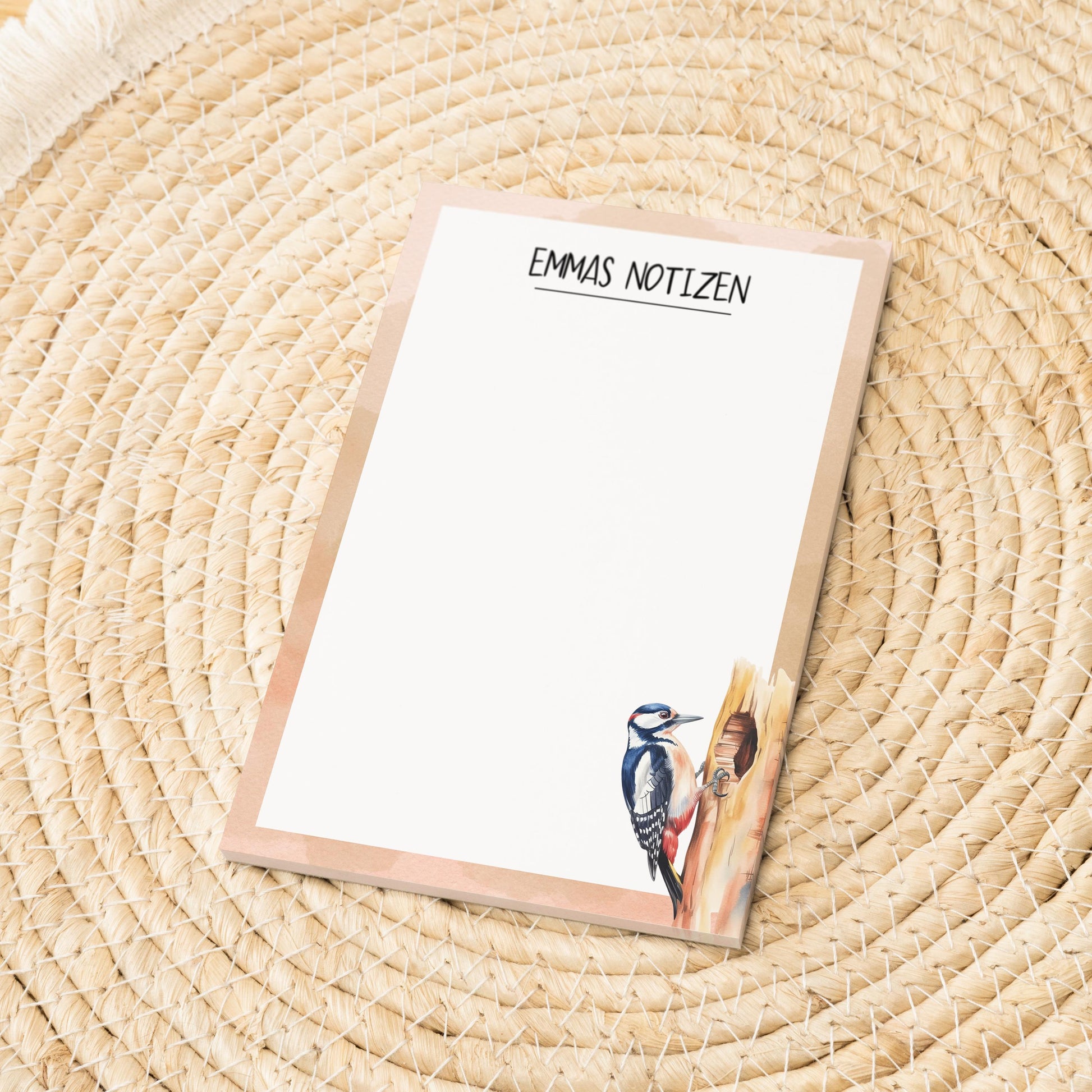 Notizblock Specht Vogel Design, 10x15 cm, 50 Blatt mit Leimbindung, personalisierbar mit Namen, Handmade, Geschenk Ornithologe