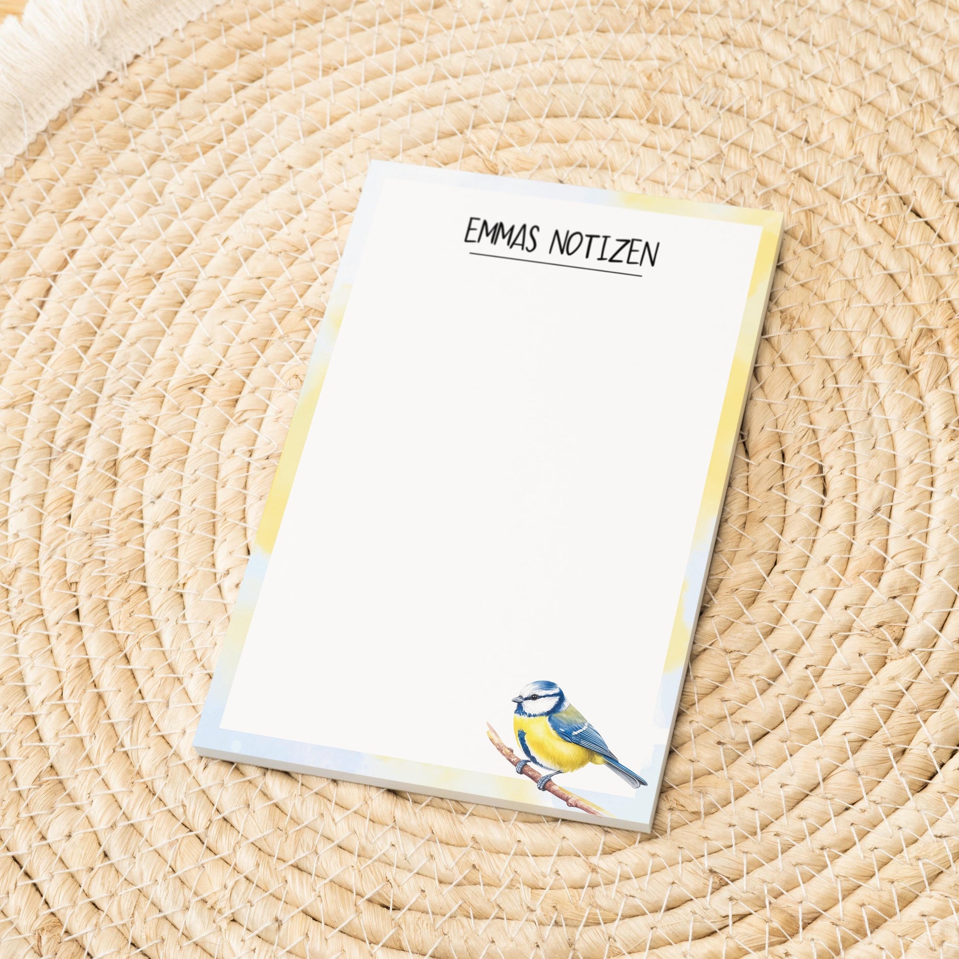Notizblock Blaumeise Vogel Design, 10x15 cm, 50 Blatt mit Leimbindung, personalisierbar mit Namen, Handmade, Geschenk Ornithologe