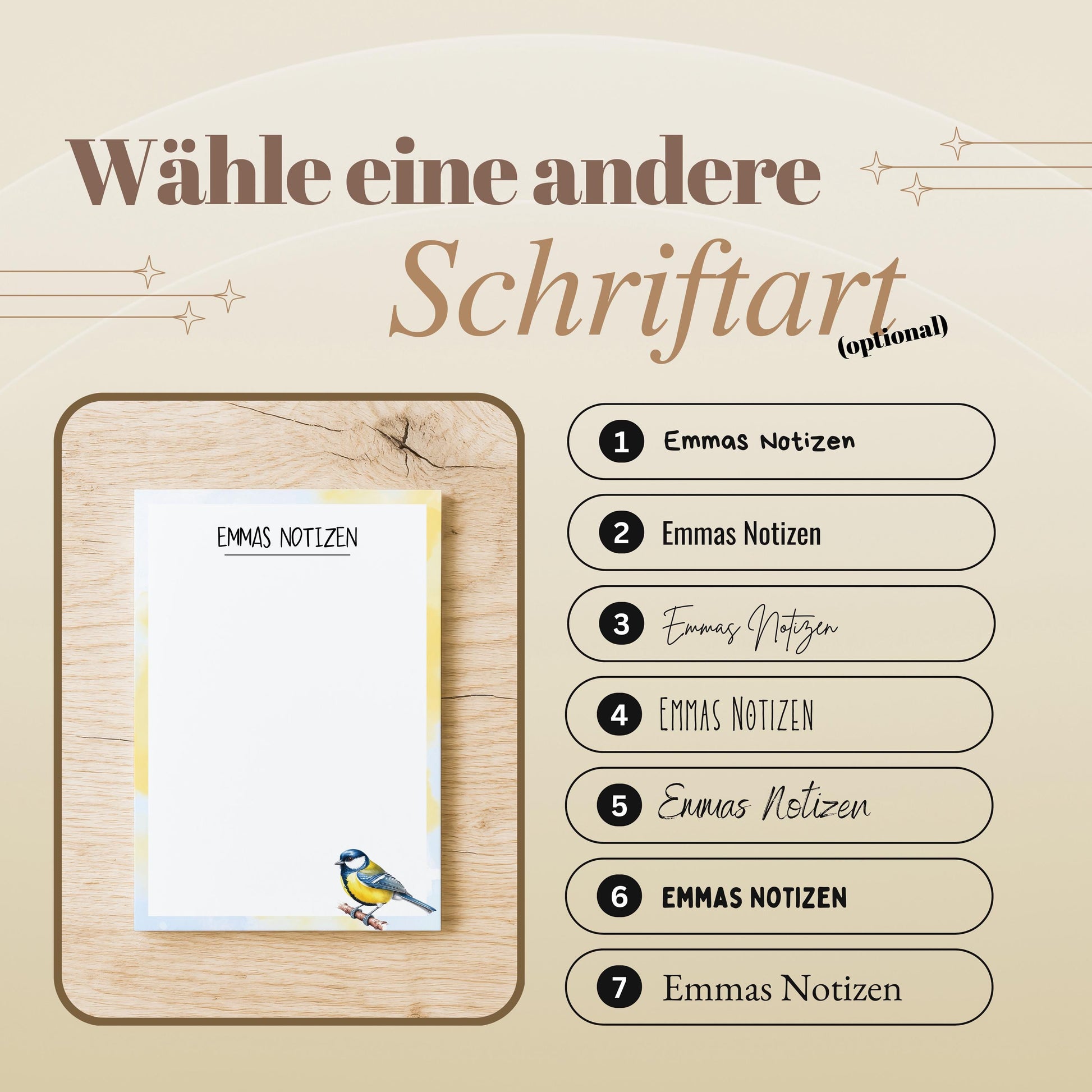 Notizblock Kohlmeise Vogel Design, 10x15 cm, 50 Blatt mit Leimbindung, personalisierbar mit Namen, Handmade, Geschenk Ornithologe