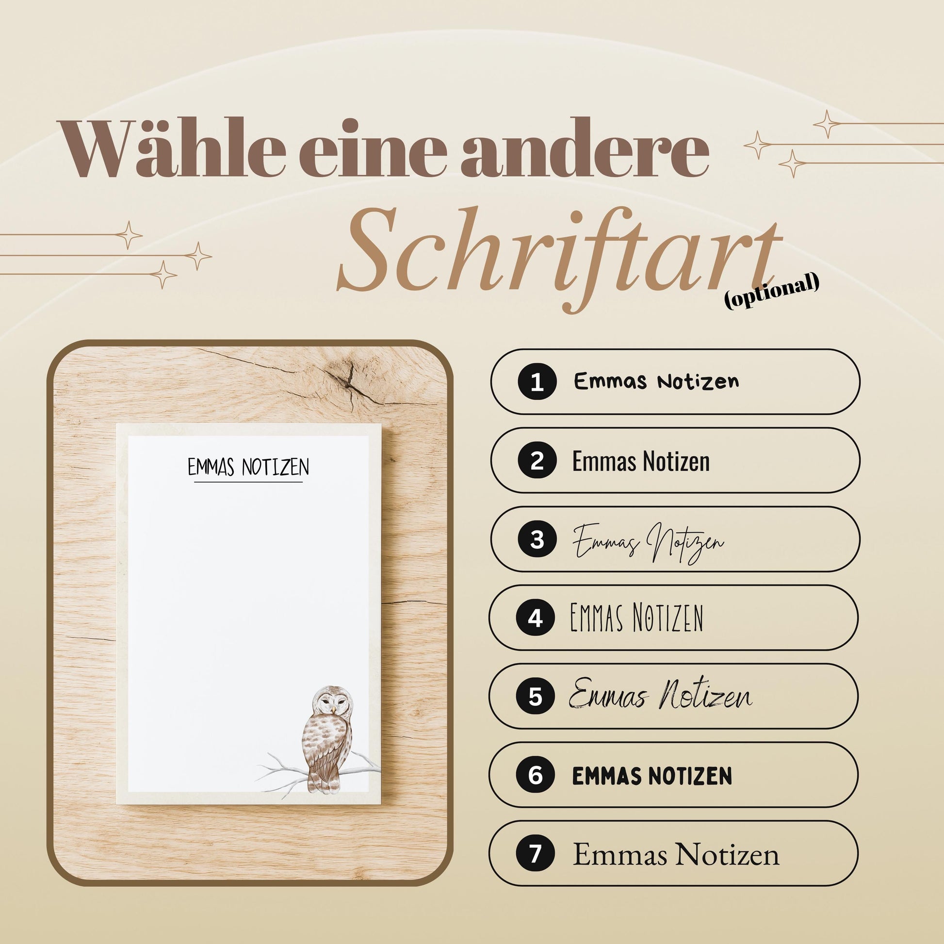 Notizblock Eule Vogel Design, 10x15 cm, 50 Blatt mit Leimbindung, personalisierbar mit Namen, Handmade, Geschenk Ornithologe