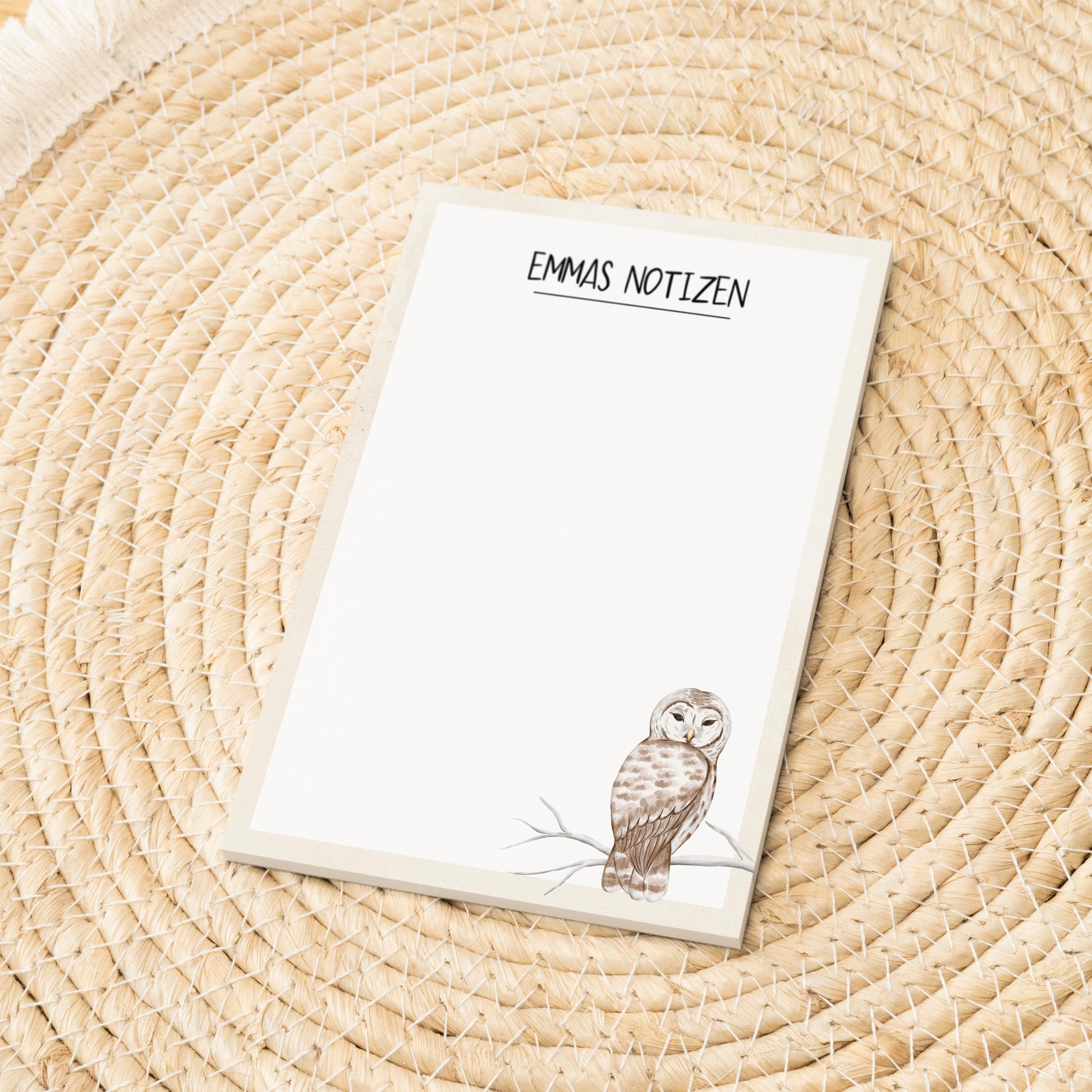 Notizblock Eule Vogel Design, 10x15 cm, 50 Blatt mit Leimbindung, personalisierbar mit Namen, Handmade, Geschenk Ornithologe