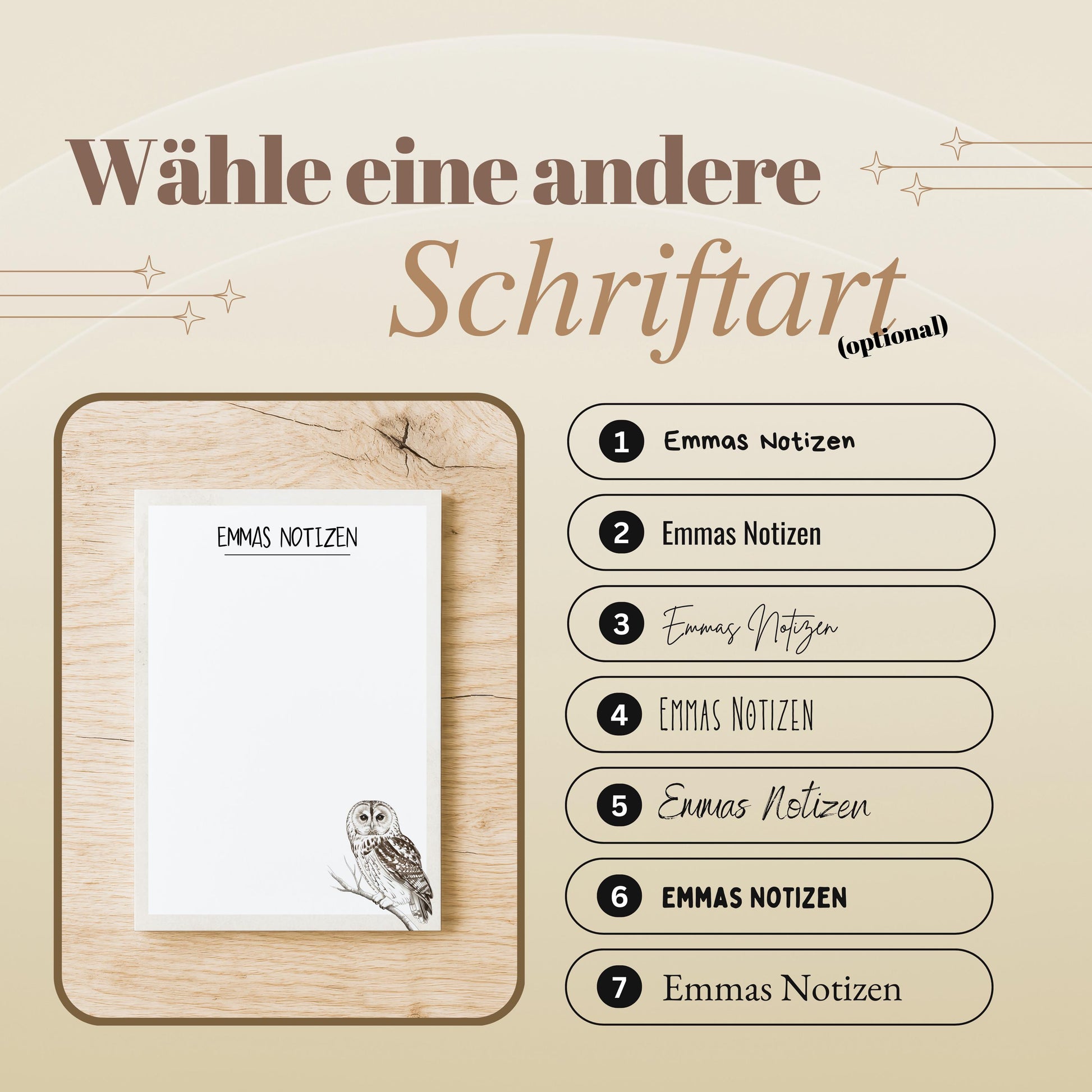 Notizblock Waldkauz Eule Design, 10x15 cm, 50 Blatt mit Leimbindung, personalisierbar mit Namen, Handmade, Geschenk Ornithologe