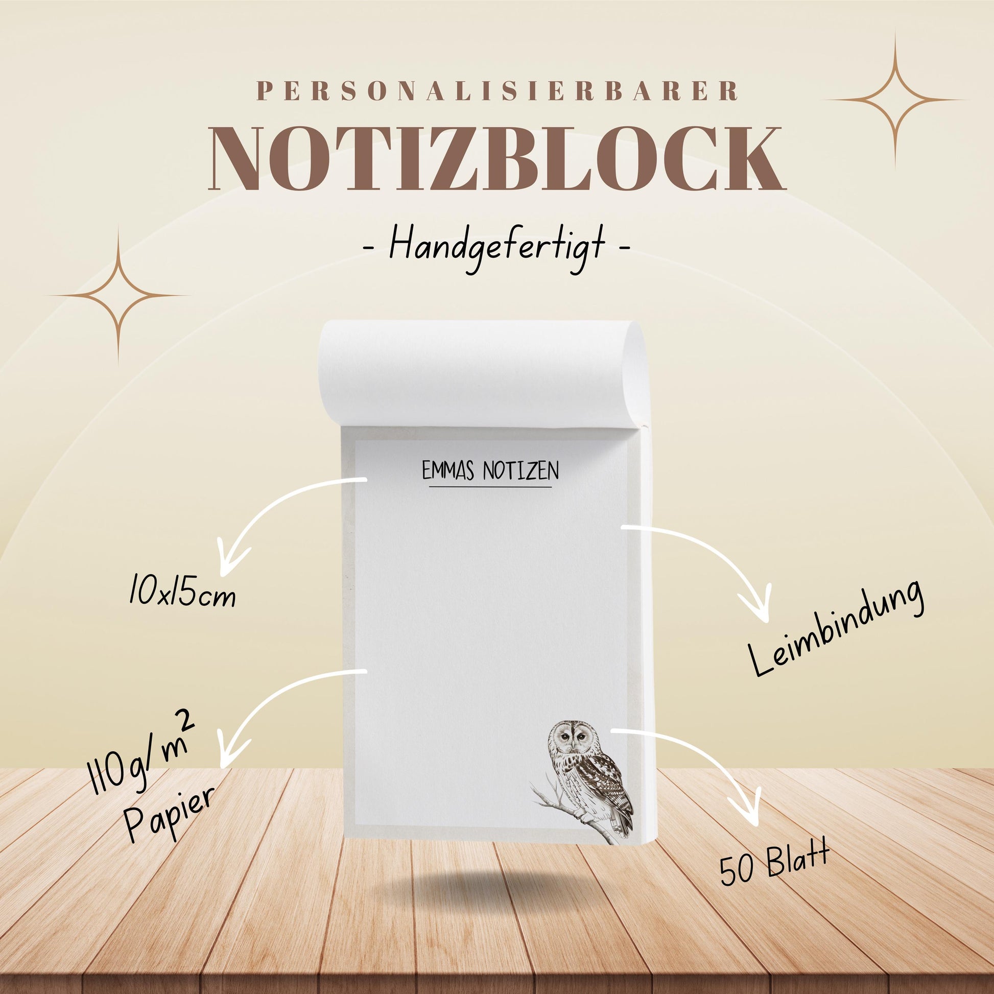 Notizblock Waldkauz Eule Design, 10x15 cm, 50 Blatt mit Leimbindung, personalisierbar mit Namen, Handmade, Geschenk Ornithologe