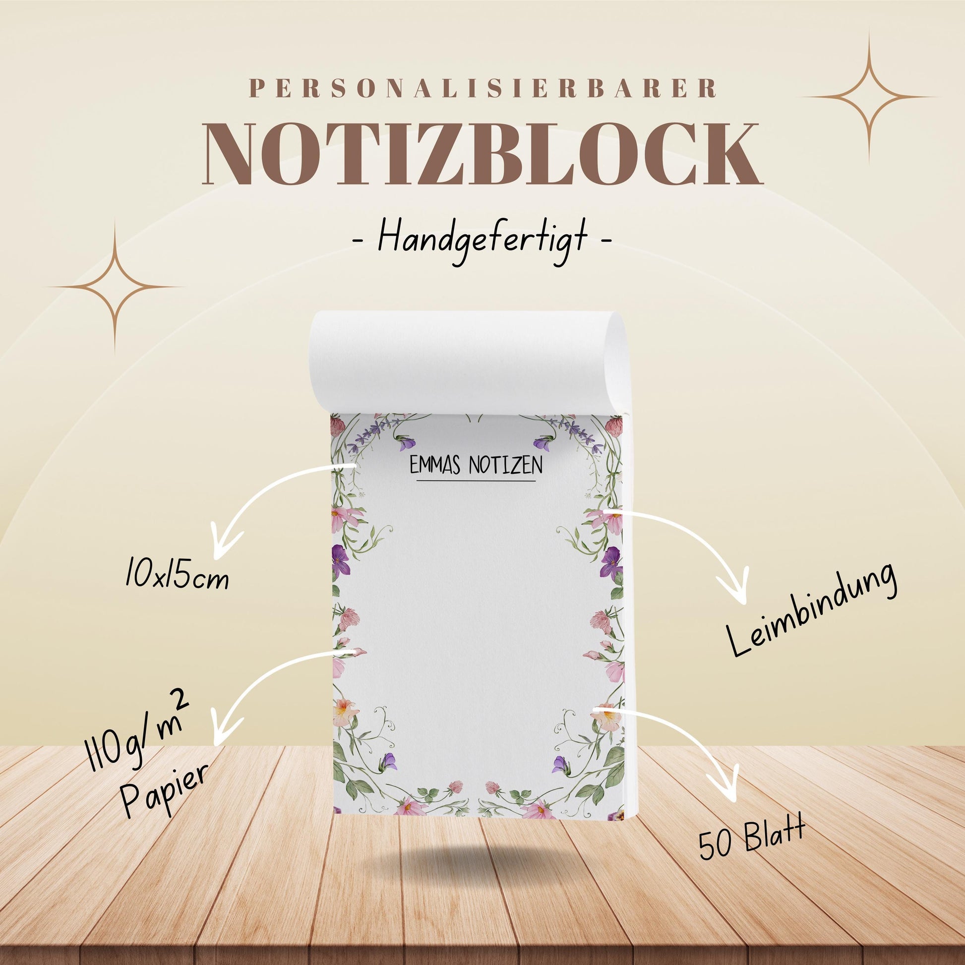 Notizblock Blumen Ranken Design, 10x15 cm, 50 Blatt mit Leimbindung, personalisierbar mit Namen, Handmade