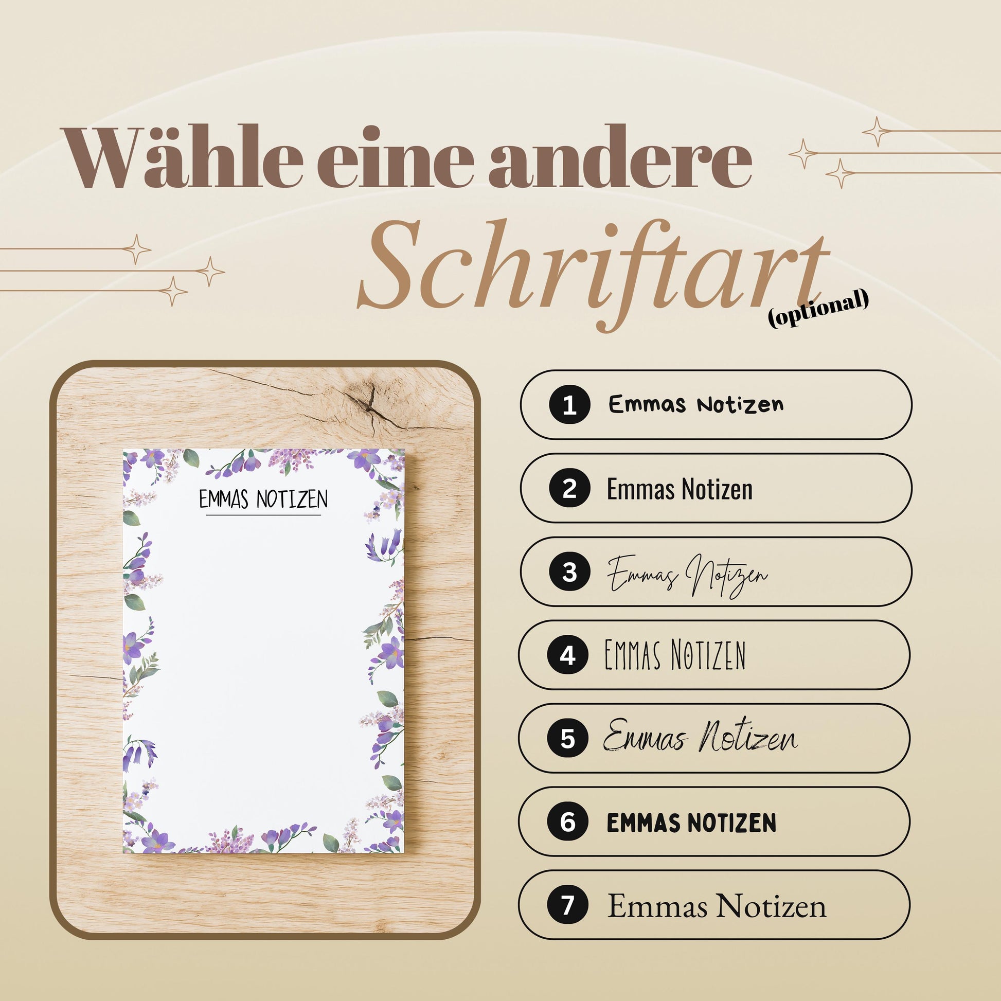 Notizblock Blumen Ranken Design, 10x15 cm, 50 Blatt mit Leimbindung, personalisierbar mit Namen, Handmade