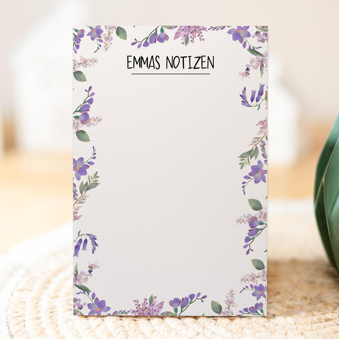 Notizblock Blumen Ranken Design, 10x15 cm, 50 Blatt mit Leimbindung, personalisierbar mit Namen, Handmade