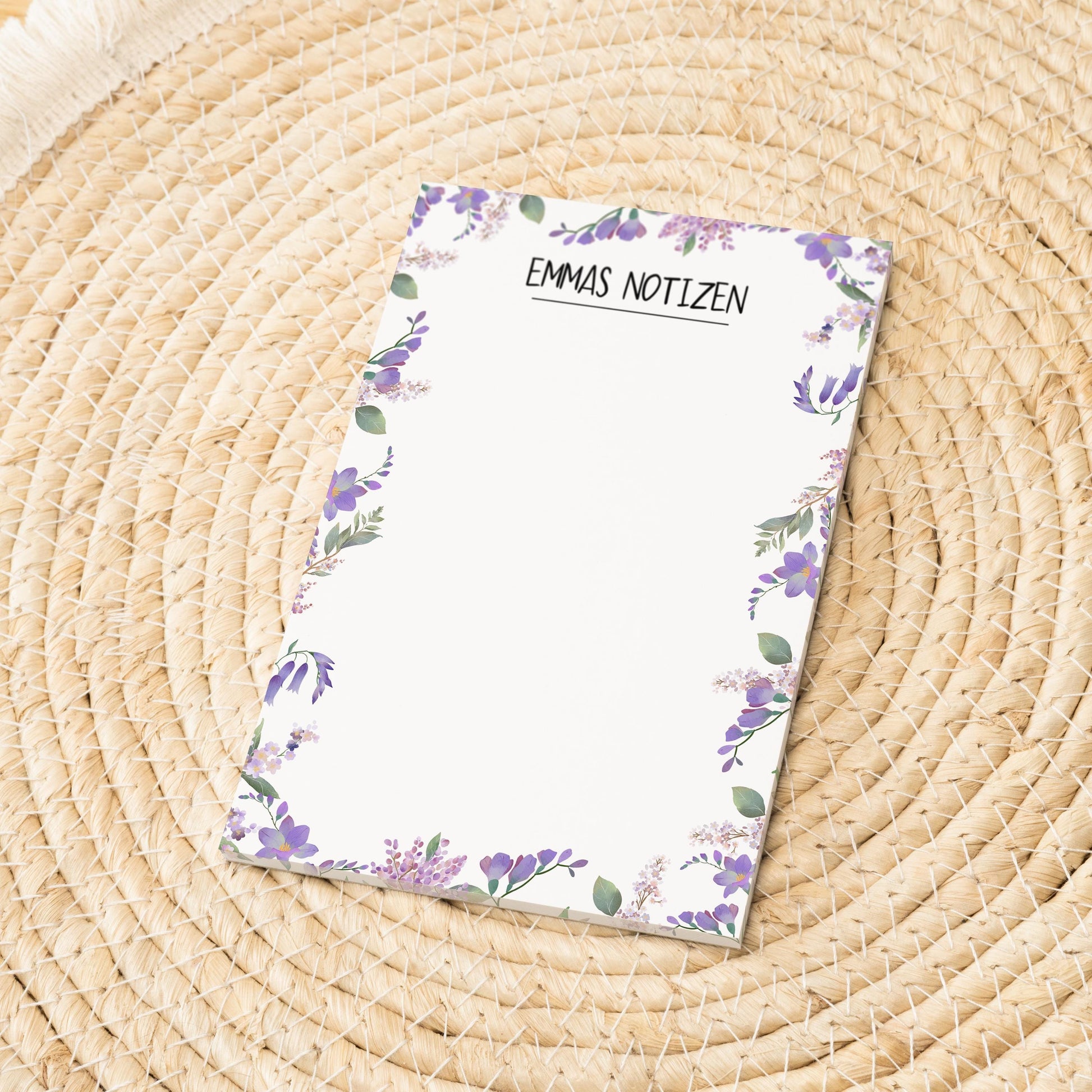 Notizblock Blumen Ranken Design, 10x15 cm, 50 Blatt mit Leimbindung, personalisierbar mit Namen, Handmade