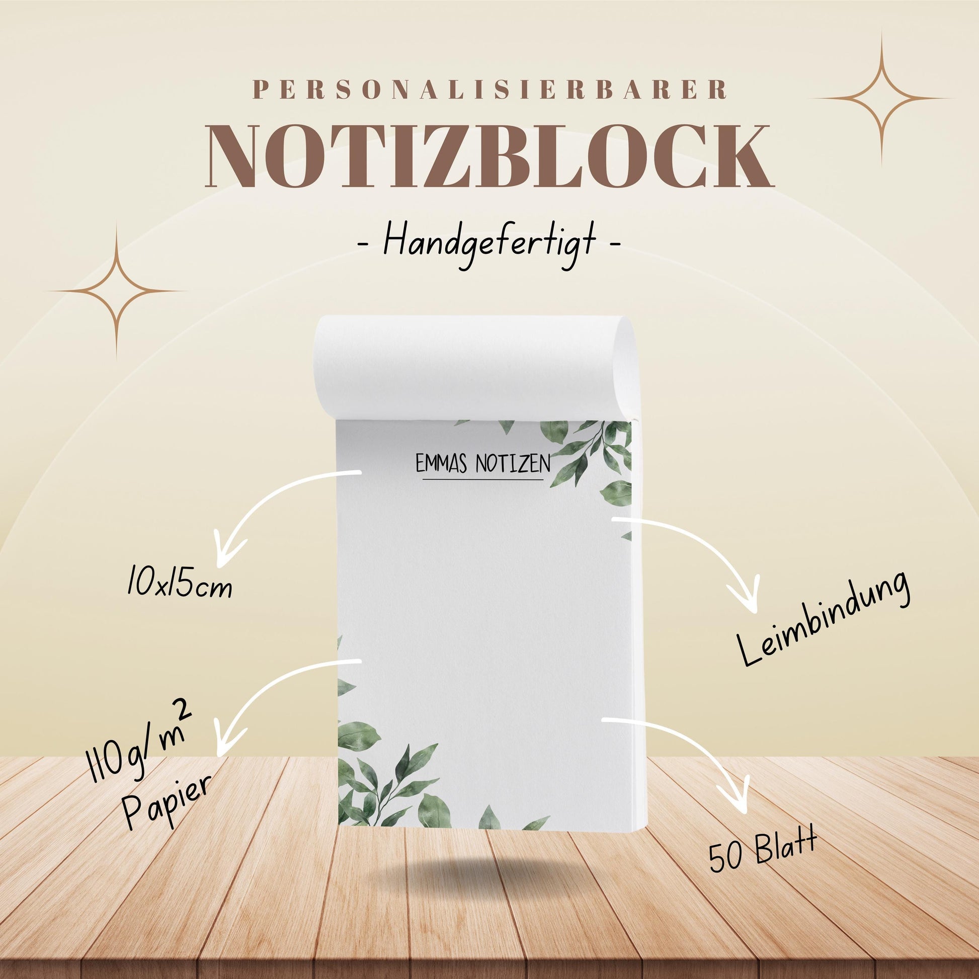 Notizblock Blätter Pflanzen Design, 10x15 cm, 50 Blatt mit Leimbindung, personalisierbar mit Namen, Handmade