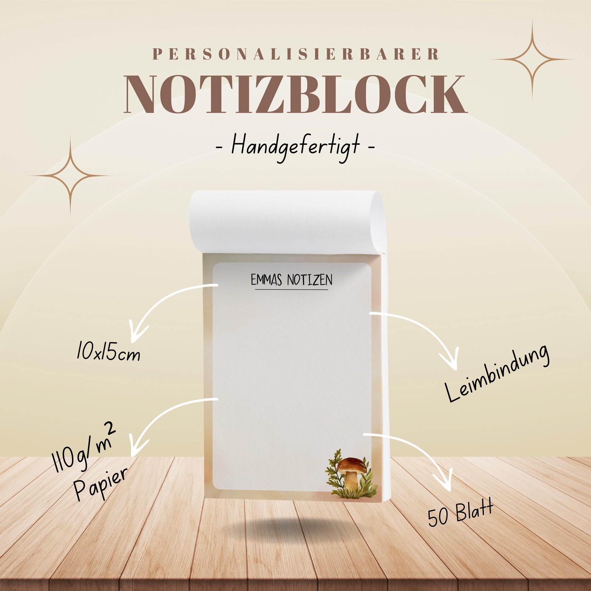 Notizblock Steinpilz Design, 10x15 cm, 50 Blatt mit Leimbindung, personalisierbar mit Namen, Handmade