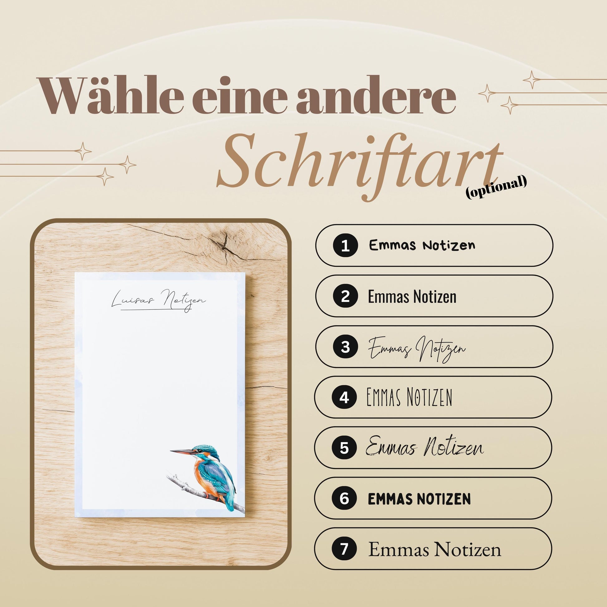 Notizblock Eisvogel Design, 10x15 cm, 50 Blatt mit Leimbindung, personalisierbar mit Namen, Handmade, Geschenk Ornithologe