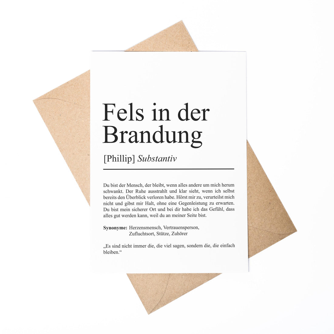 Fels in der Brandung Definition A6 Karte, personalisierbar mit Namen, Umschlag, Kartenhalter aus Echtholz
