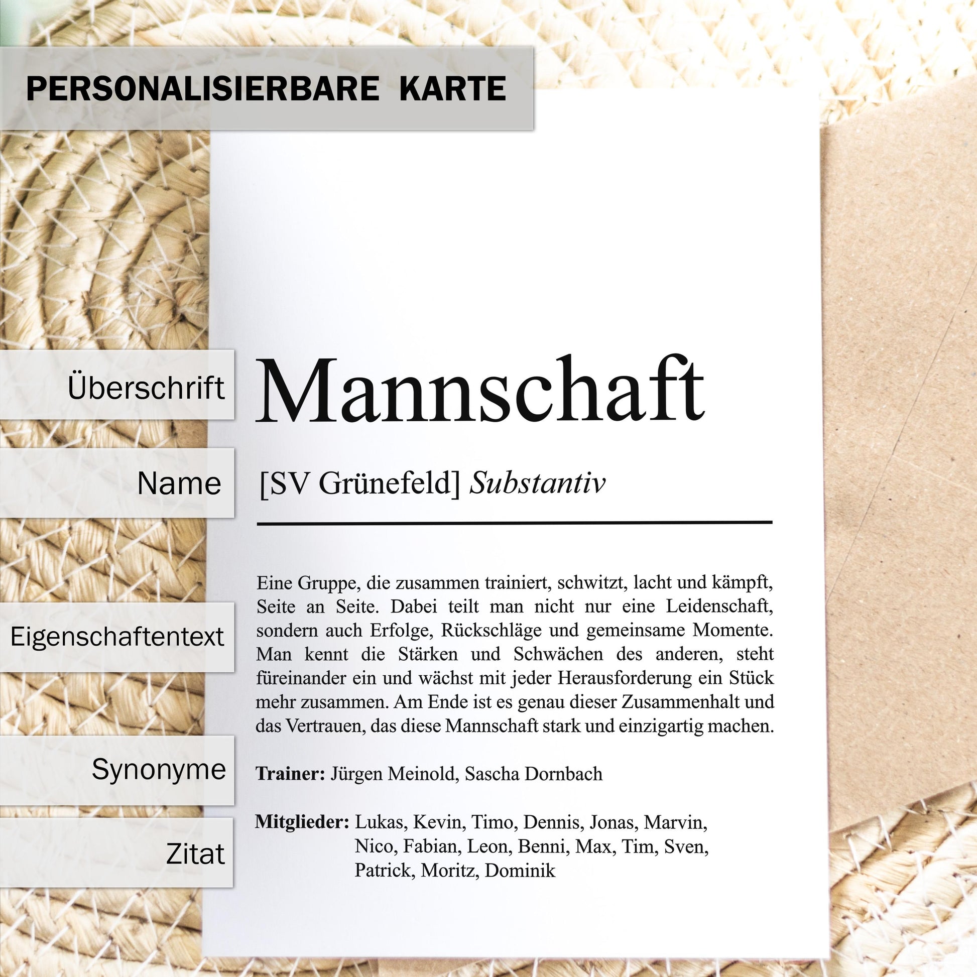 Mannschaft Definition A6 Karte, personalisierbar mit Namen + Verein, Umschlag, Kartenhalter aus Echtholz, Geschenk Trainer