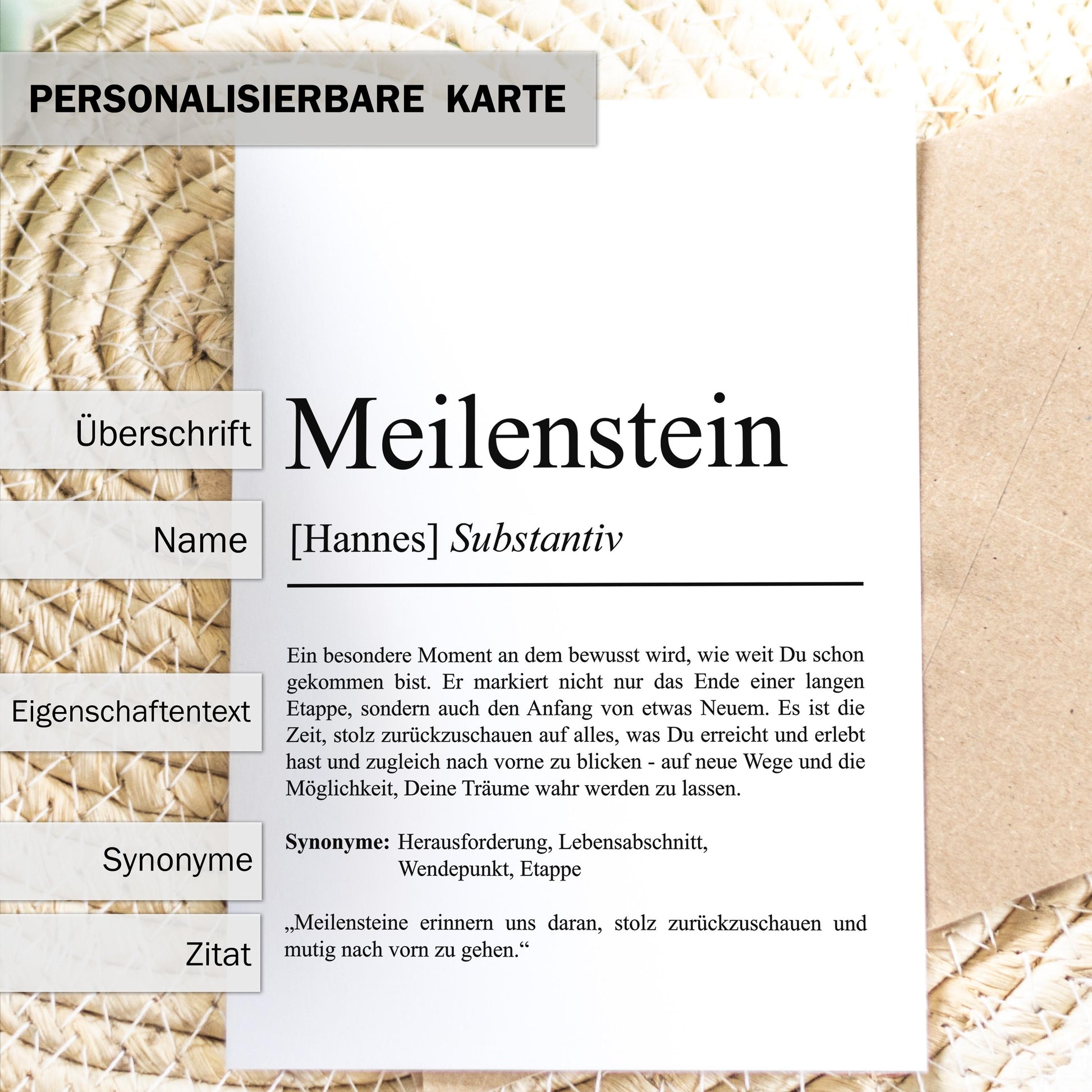 Meilenstein Definition Karte, A6, personaliserbar mit Namen, Mutmacher Karte, Affirmation Karte, Umschlag, Kartenhalter aus Echtholz
