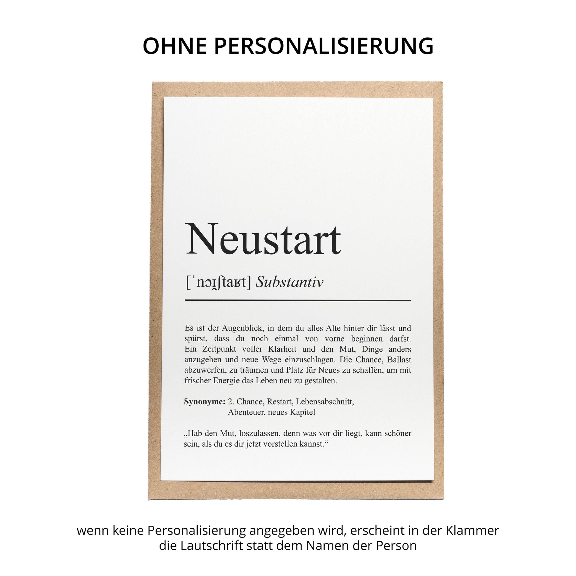 Neustart Definition Karte, A6, personaliserbar mit Namen, Mutmacher Karte, Affirmation Karte, Umschlag, Kartenhalter aus Echtholz
