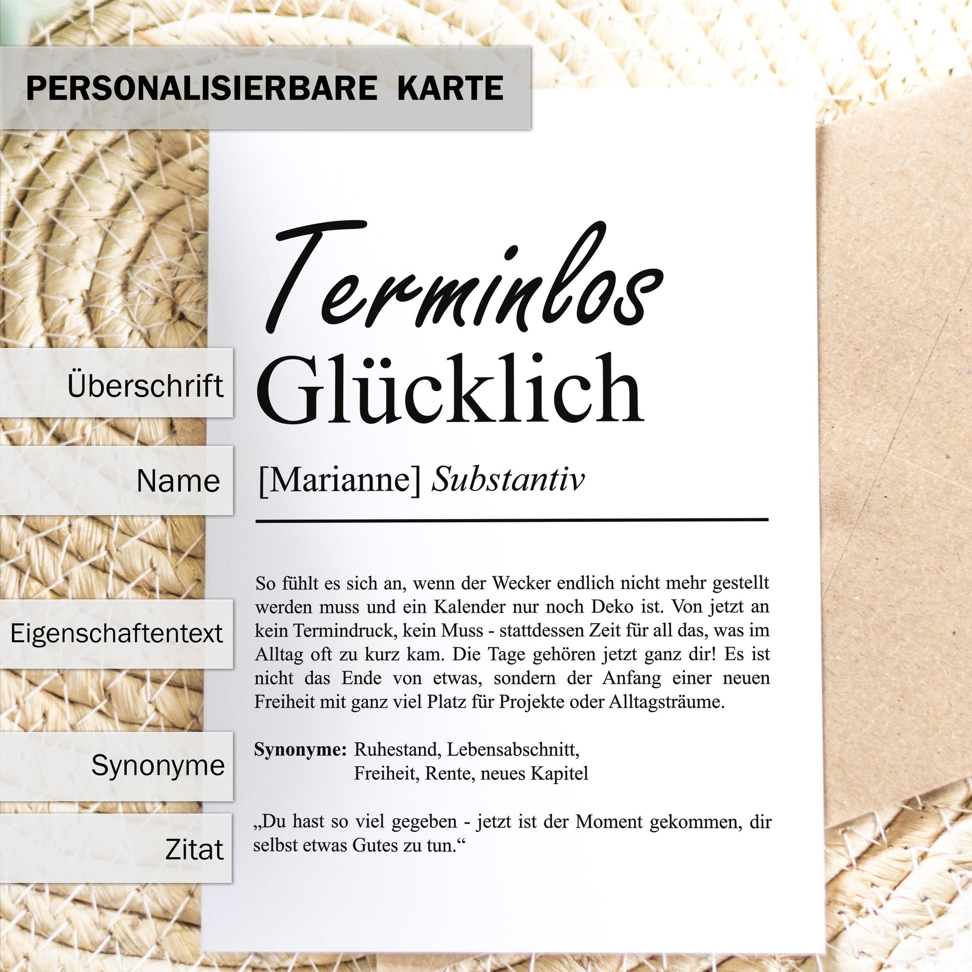 Terminlos Glücklich Definition Karte, A6, personalisierbar mit Namen, Ruhestand Rente Pension, Abschiedgeschenk, Umschlag Kartenhalter