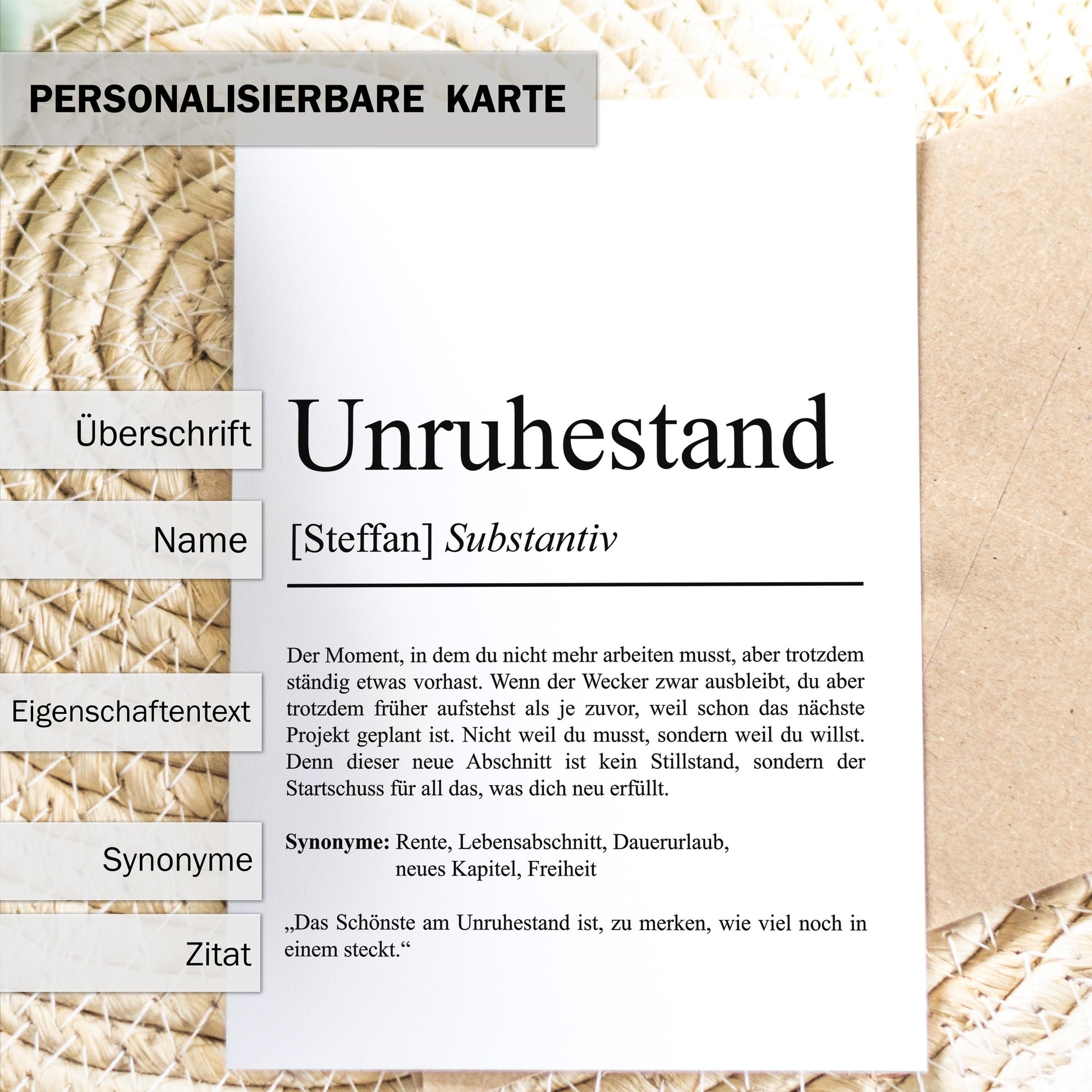 Unruhestand Definition Karte, A6, personalisierbar mit Namen, Ruhestand Rente Pension, Abschiedgeschenk, Umschlag Kartenhalter