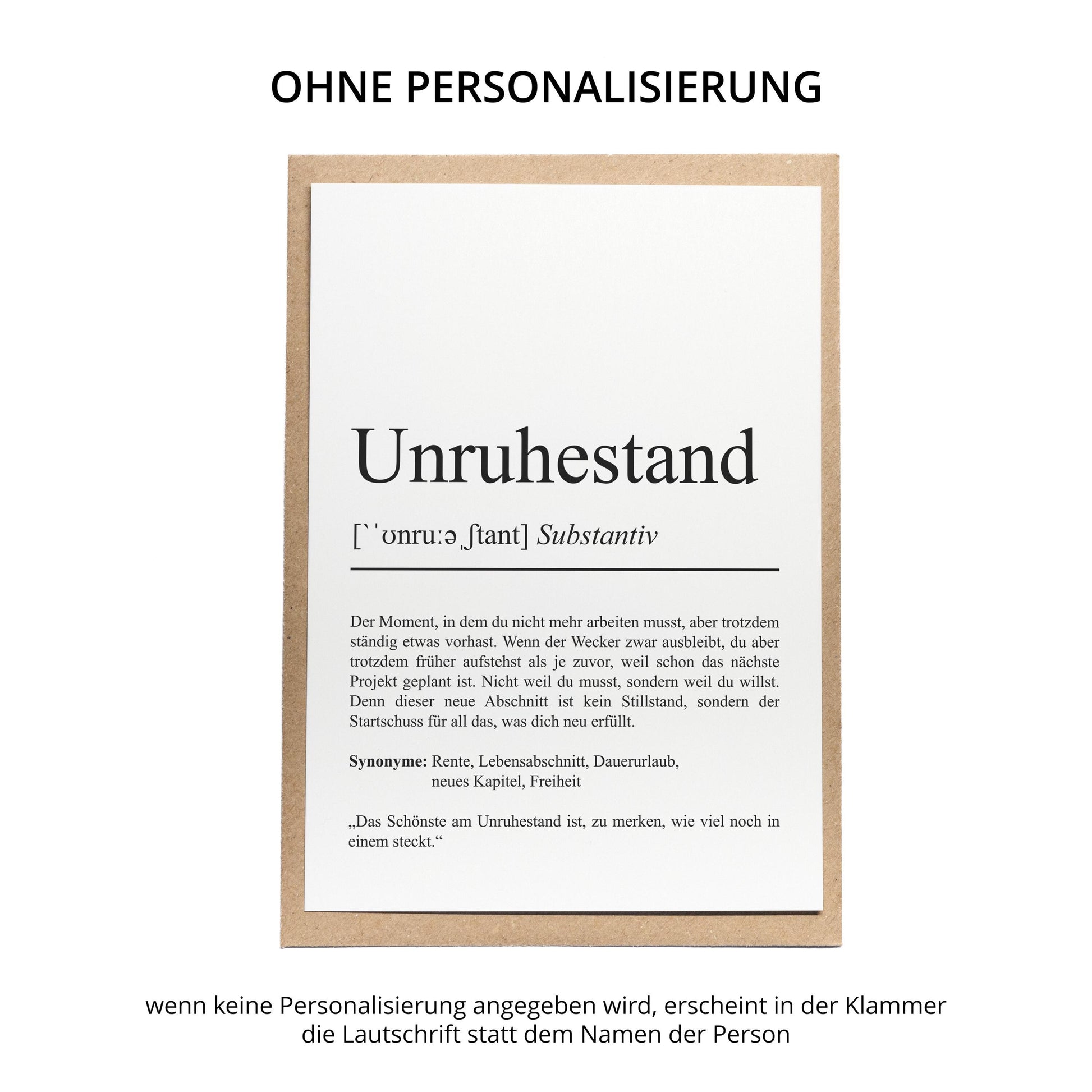 Unruhestand Definition Karte, A6, personalisierbar mit Namen, Ruhestand Rente Pension, Abschiedgeschenk, Umschlag Kartenhalter