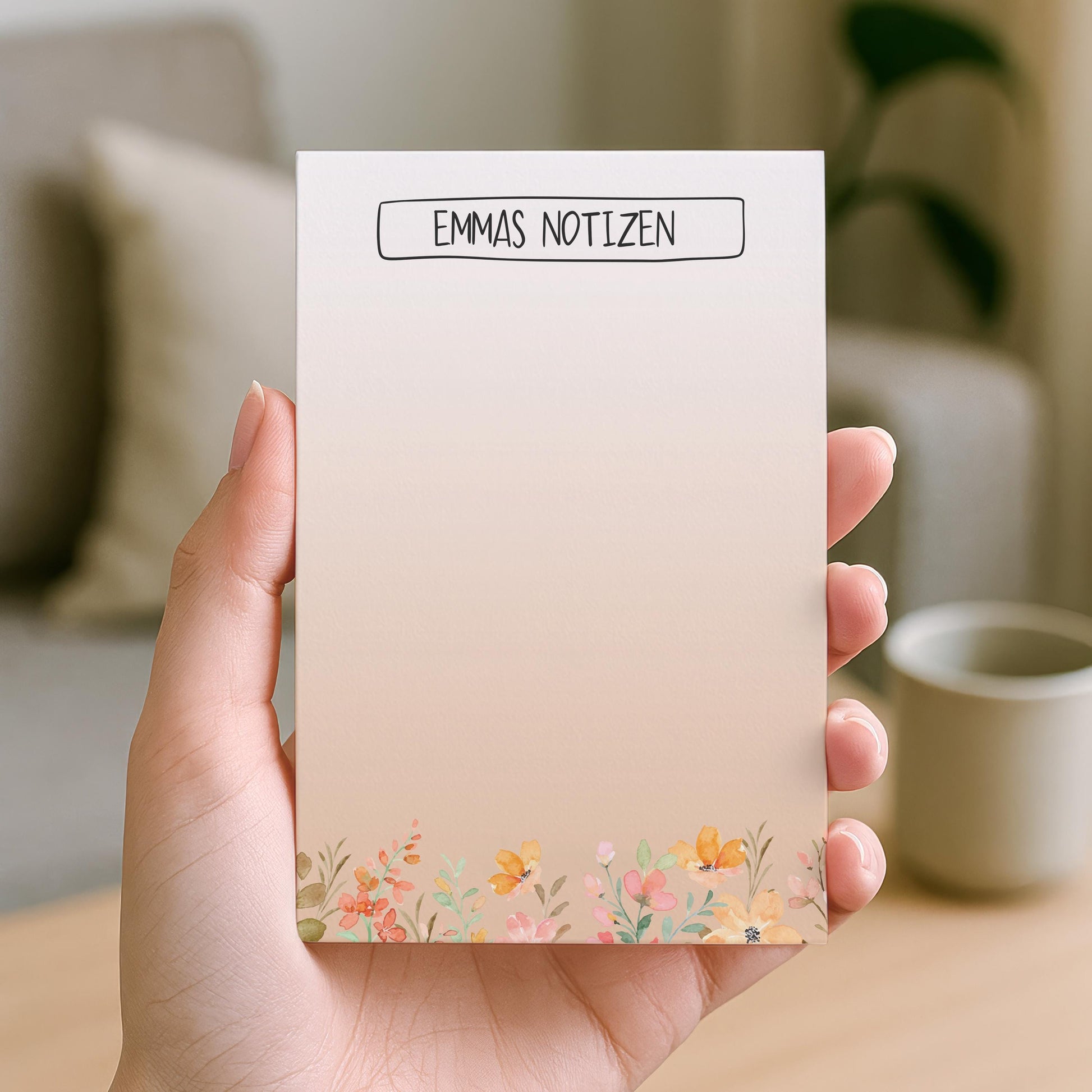 Notizblock Blumen Wiese Design, 10x15 cm, 50 Blatt mit Leimbindung, personalisierbar mit Namen, Handmade