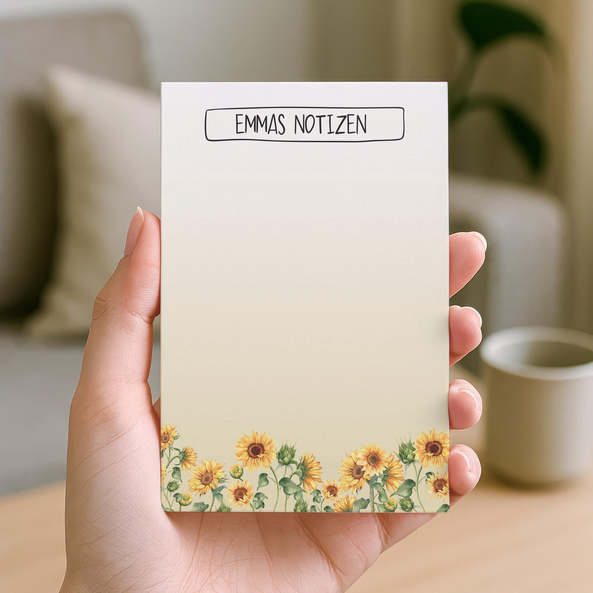 Notizblock Sonnenblumen Design, 10x15 cm, 50 Blatt mit Leimbindung, personalisierbar mit Namen, Handmade