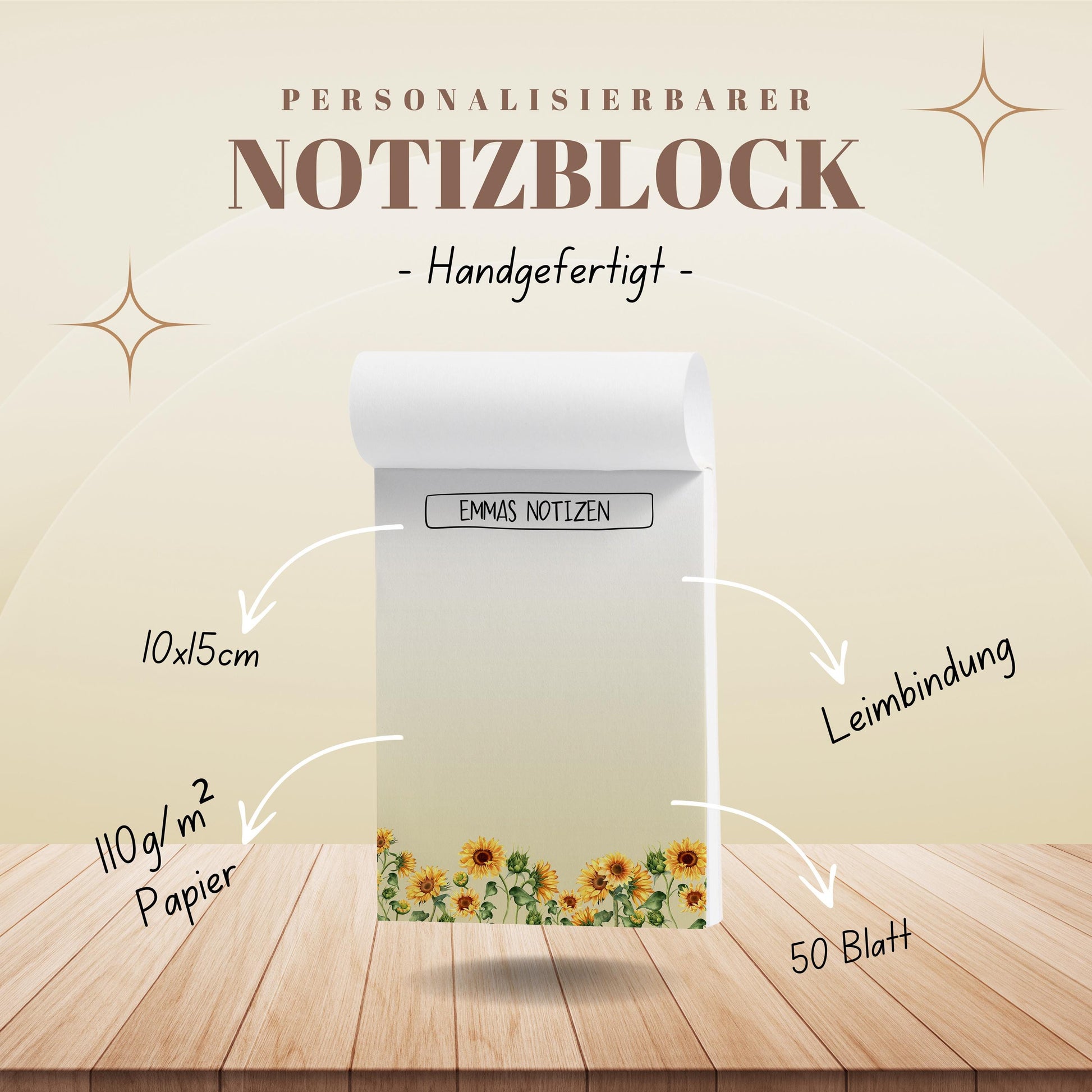 Notizblock Sonnenblumen Design, 10x15 cm, 50 Blatt mit Leimbindung, personalisierbar mit Namen, Handmade