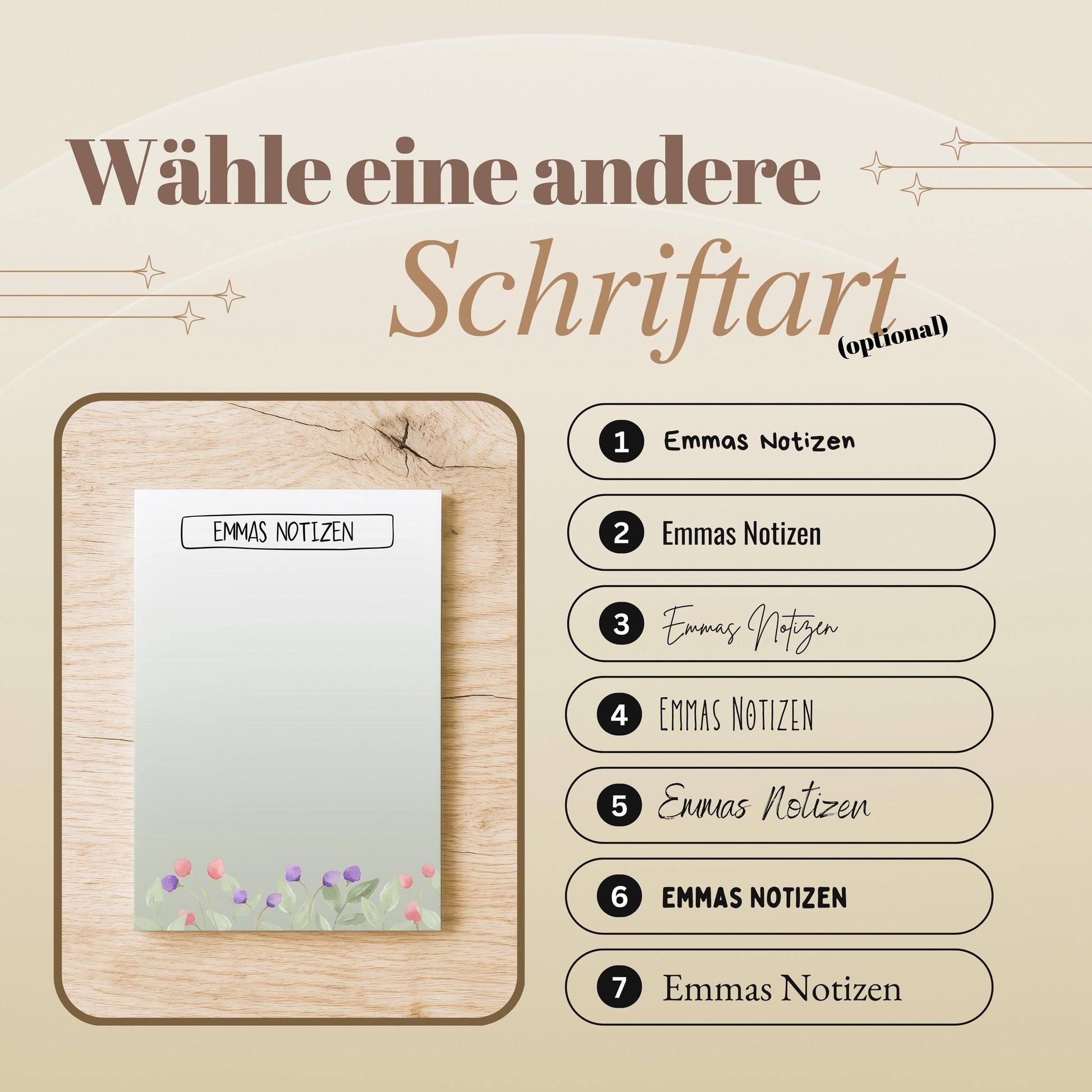 Notizblock Blumen Wiese Design, 10x15 cm, 50 Blatt mit Leimbindung, personalisierbar mit Namen, Handmade