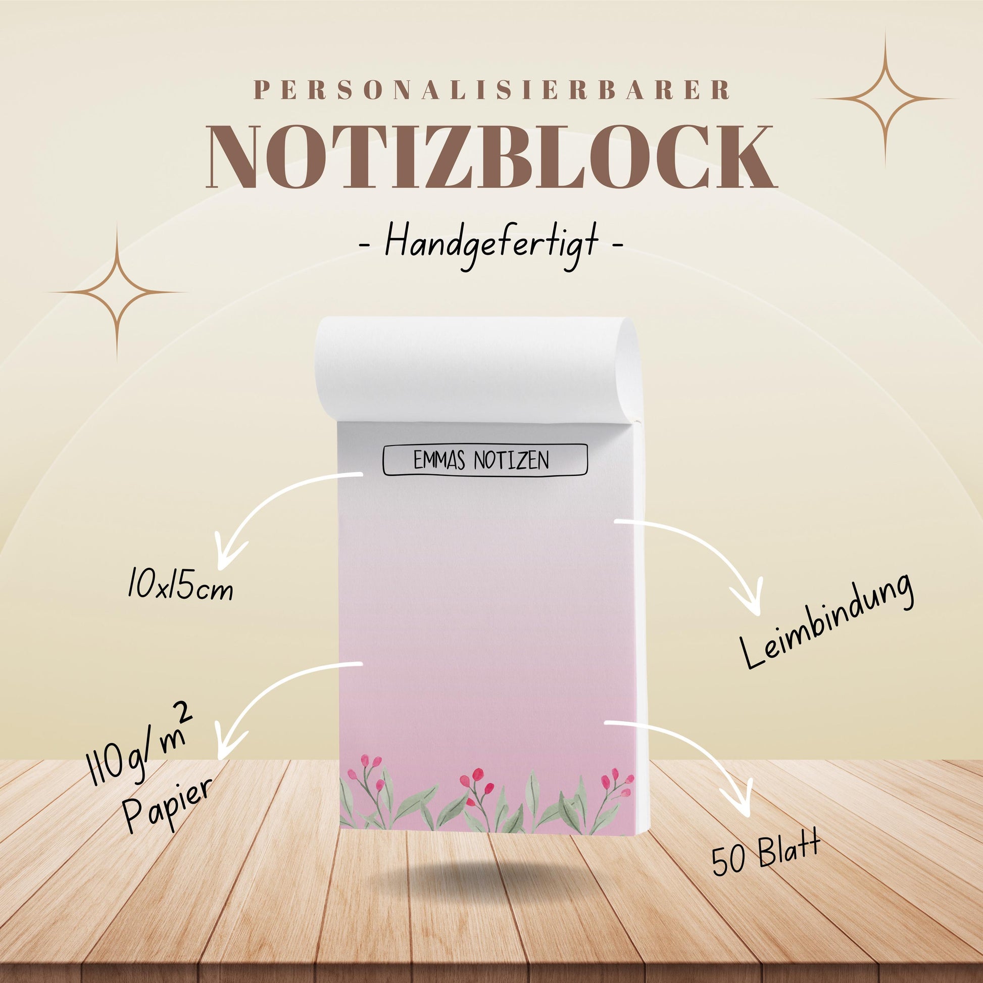 Notizblock Blumen Wiese Design, 10x15 cm, 50 Blatt mit Leimbindung, personalisierbar mit Namen, Handmade