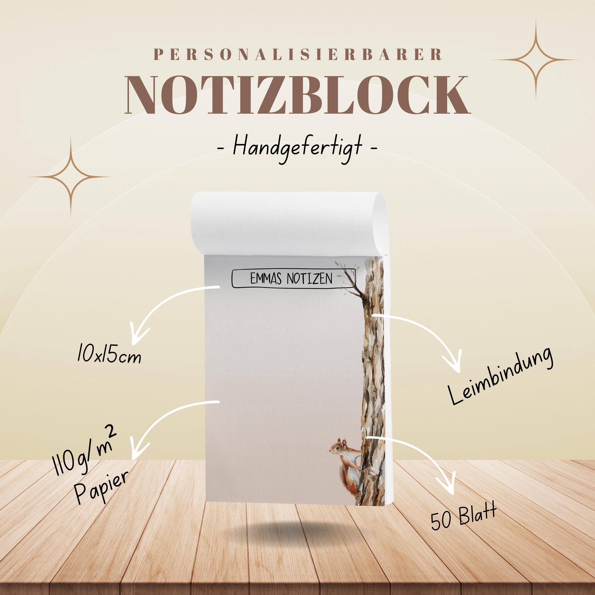 Notizblock Eichhörnchen Design, 10x15 cm, 50 Blatt mit Leimbindung, personalisierbar mit Namen, Handmade