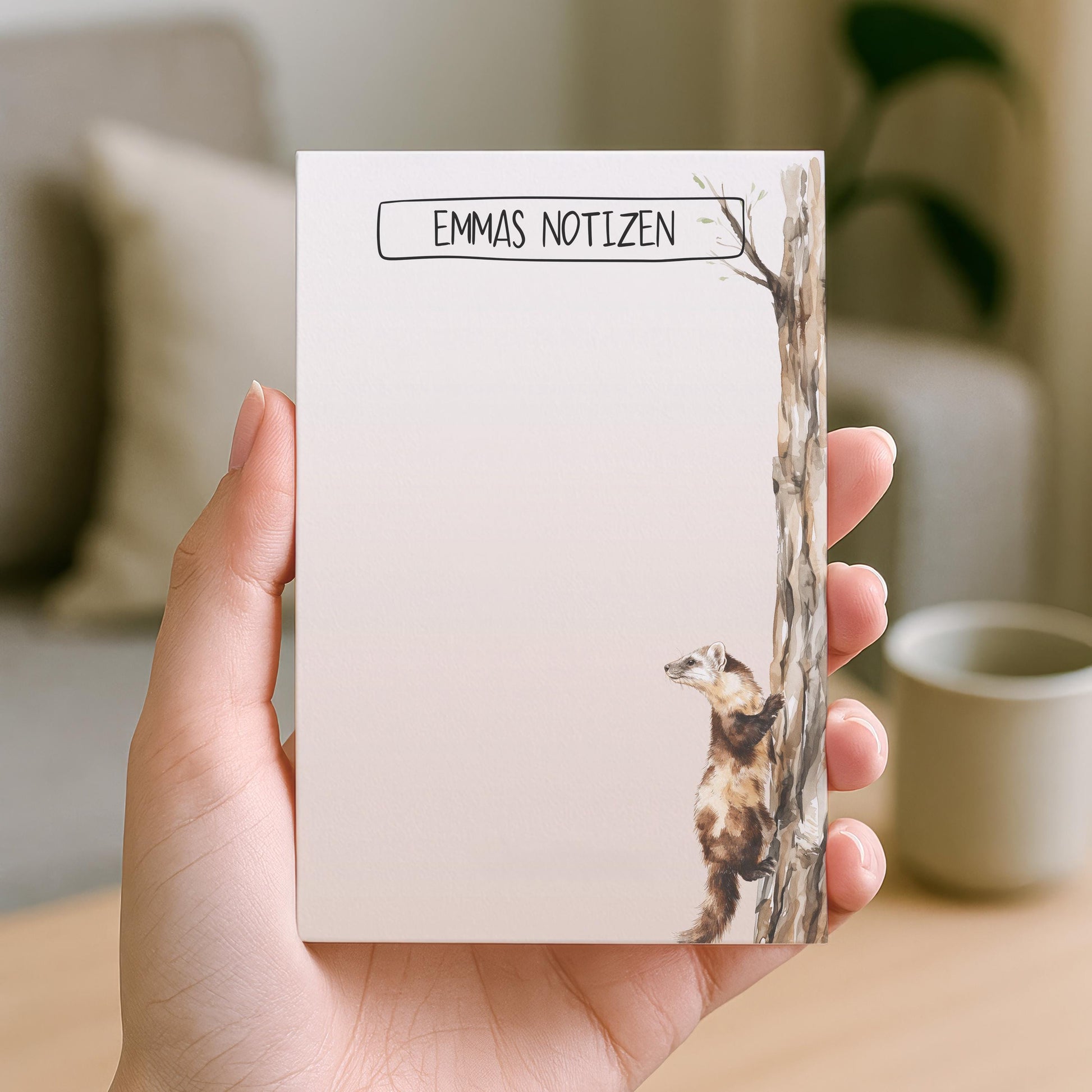 Notizblock Baum Marder Design, 10x15 cm, 50 Blatt mit Leimbindung, personalisierbar mit Namen, Handmade