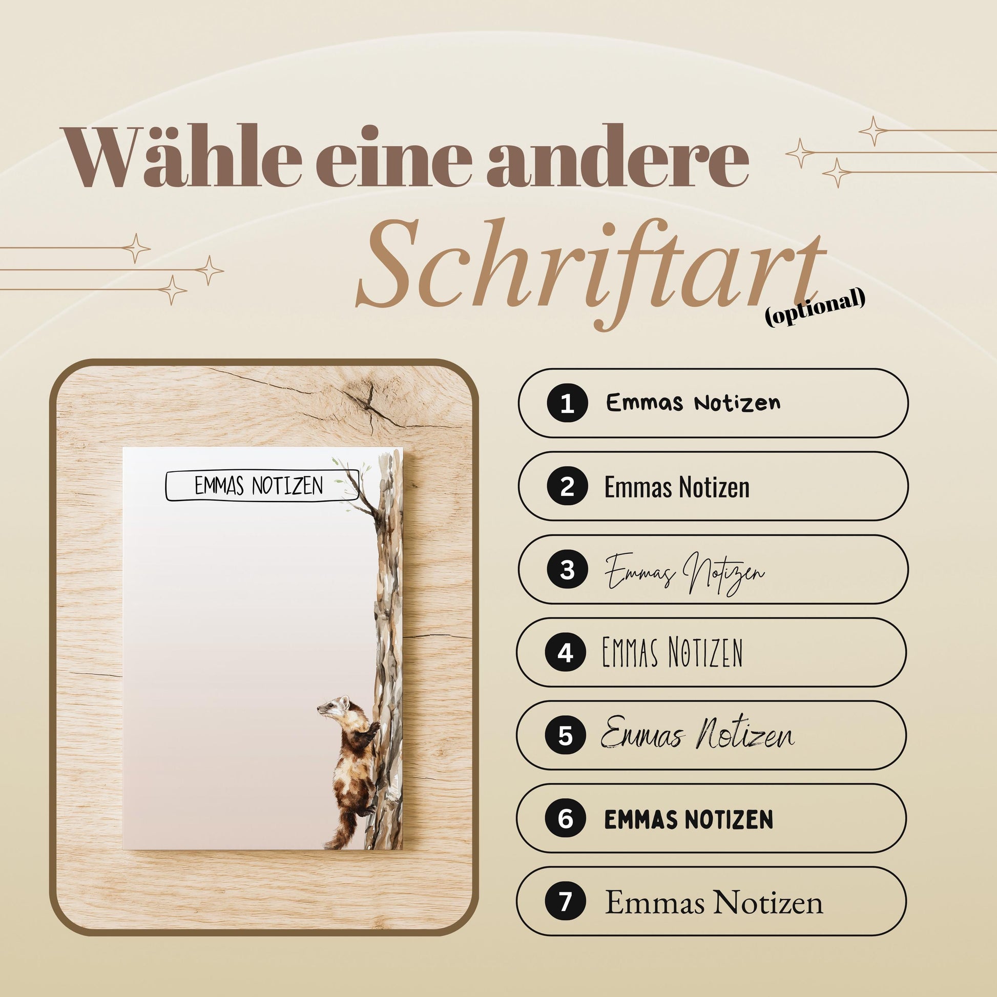 Notizblock Baum Marder Design, 10x15 cm, 50 Blatt mit Leimbindung, personalisierbar mit Namen, Handmade