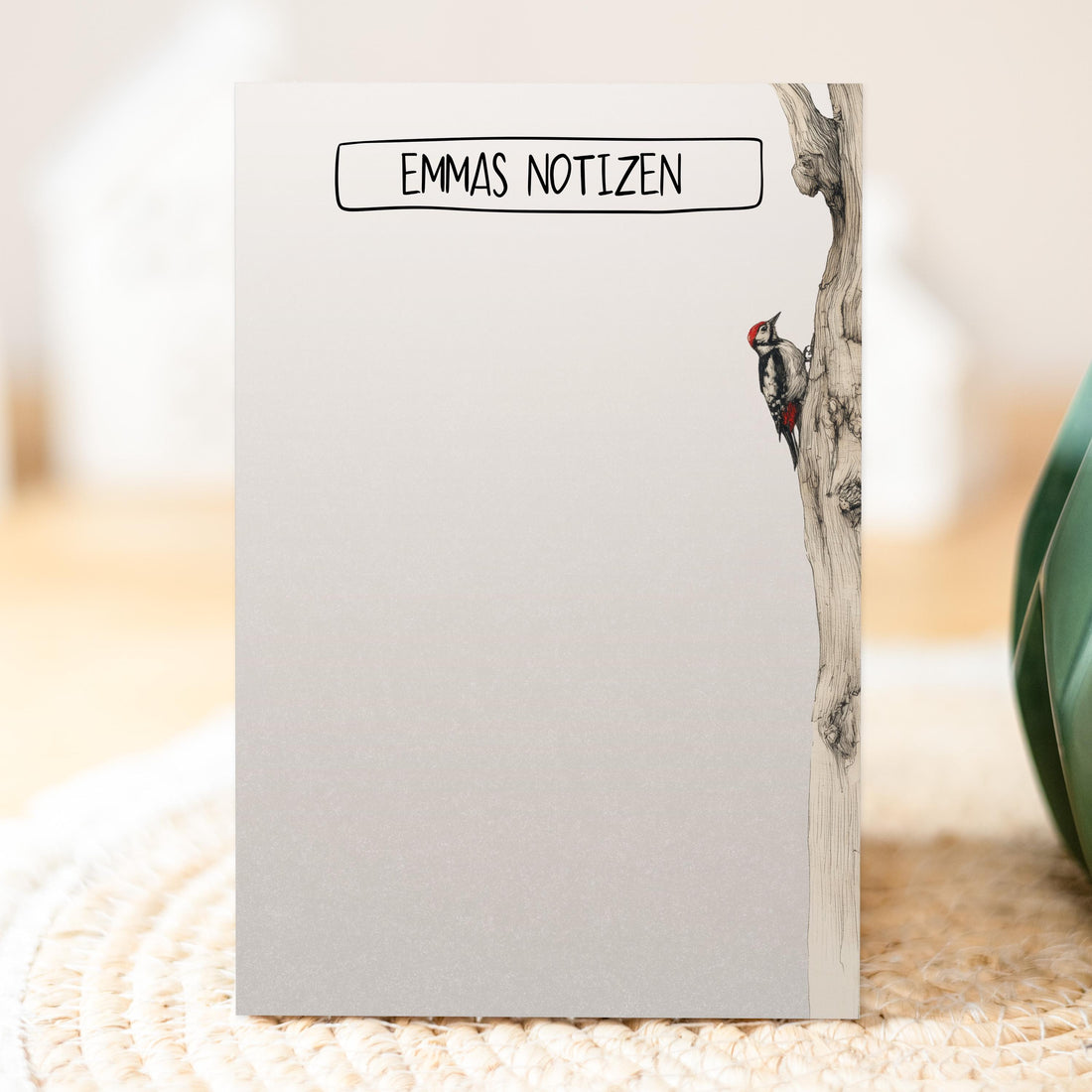 Notizblock Specht Vogel Design, 10x15 cm, 50 Blatt mit Leimbindung, personalisierbar mit Namen, Handmade, Geschenk Ornithologe