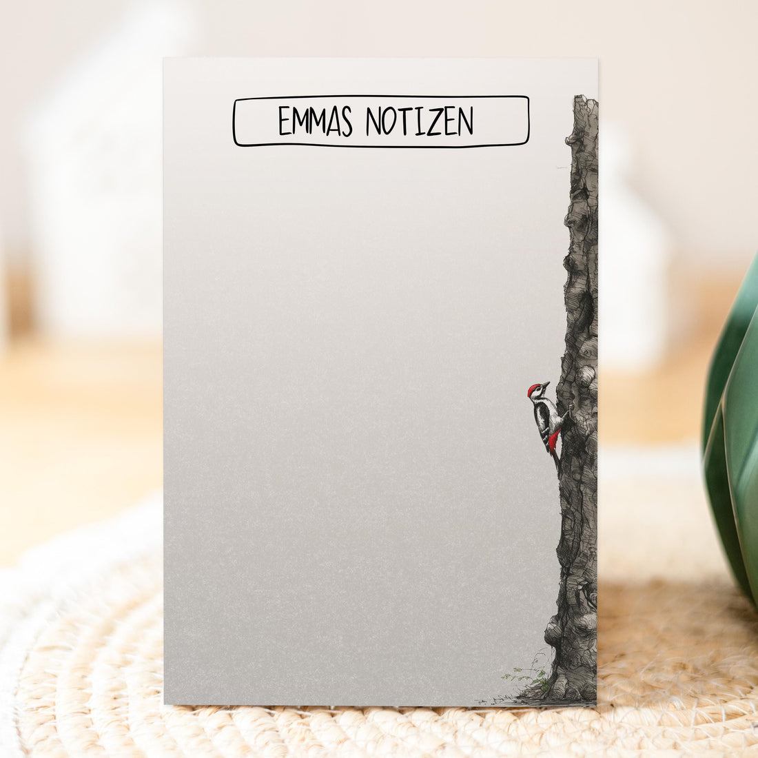 Notizblock Specht Vogel Design, 10x15 cm, 50 Blatt mit Leimbindung, personalisierbar mit Namen, Handmade, Geschenk Ornithologe