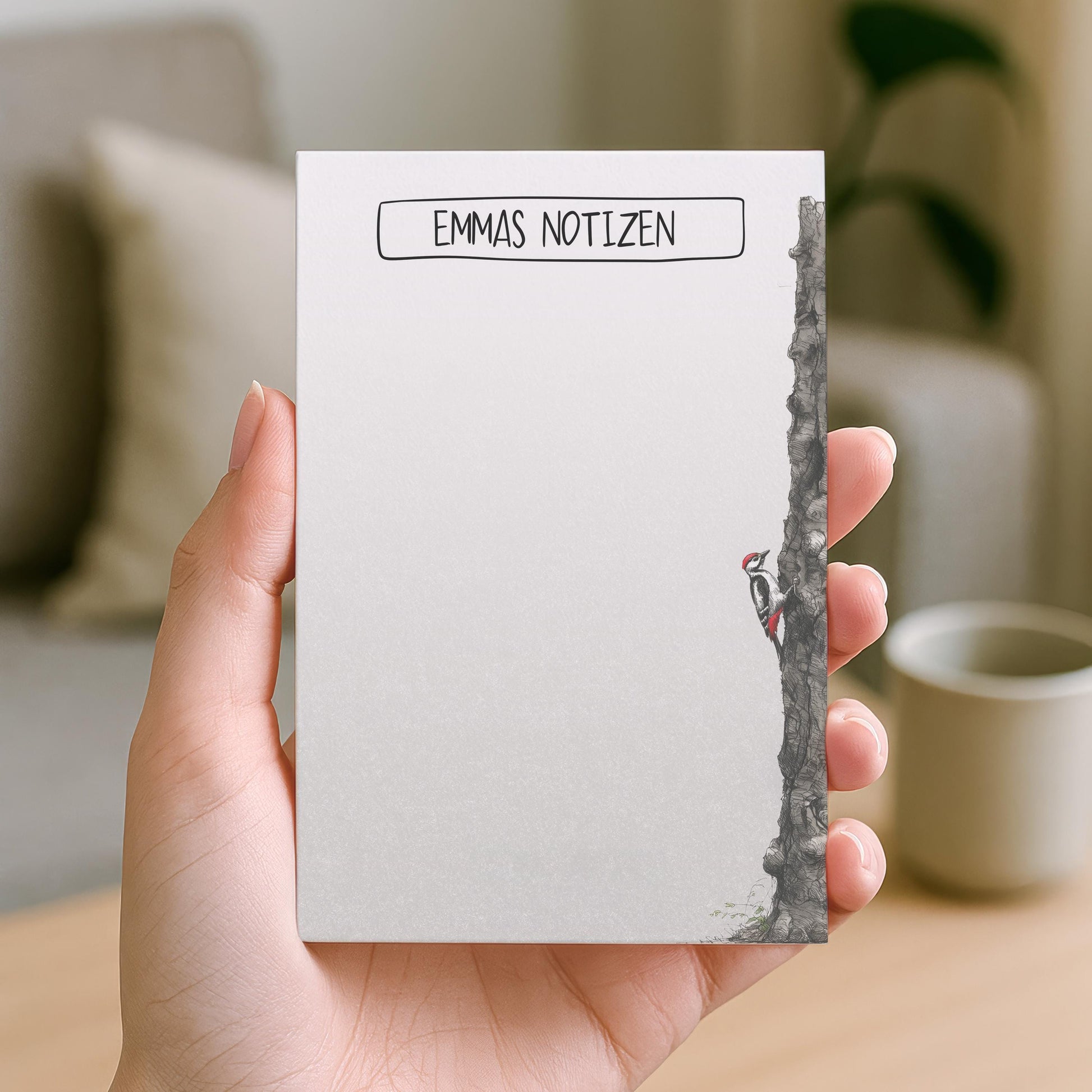 Notizblock Specht Vogel Design, 10x15 cm, 50 Blatt mit Leimbindung, personalisierbar mit Namen, Handmade, Geschenk Ornithologe