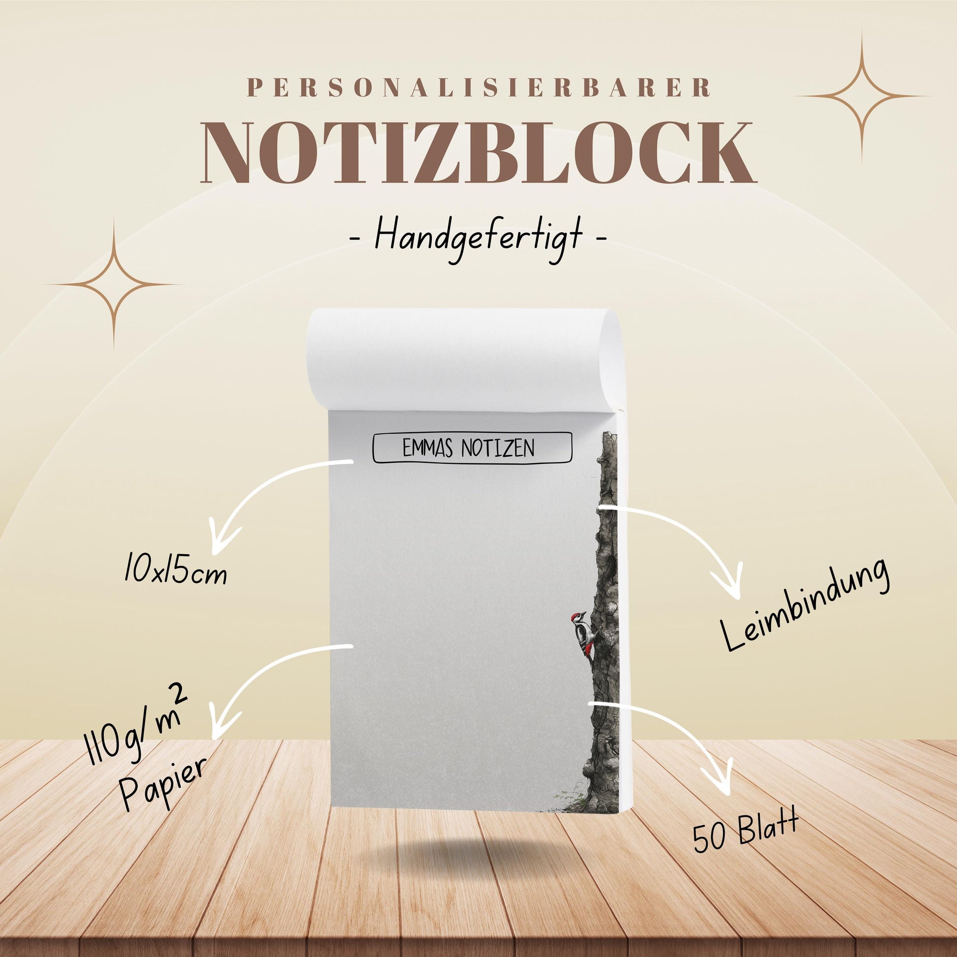 Notizblock Specht Vogel Design, 10x15 cm, 50 Blatt mit Leimbindung, personalisierbar mit Namen, Handmade, Geschenk Ornithologe