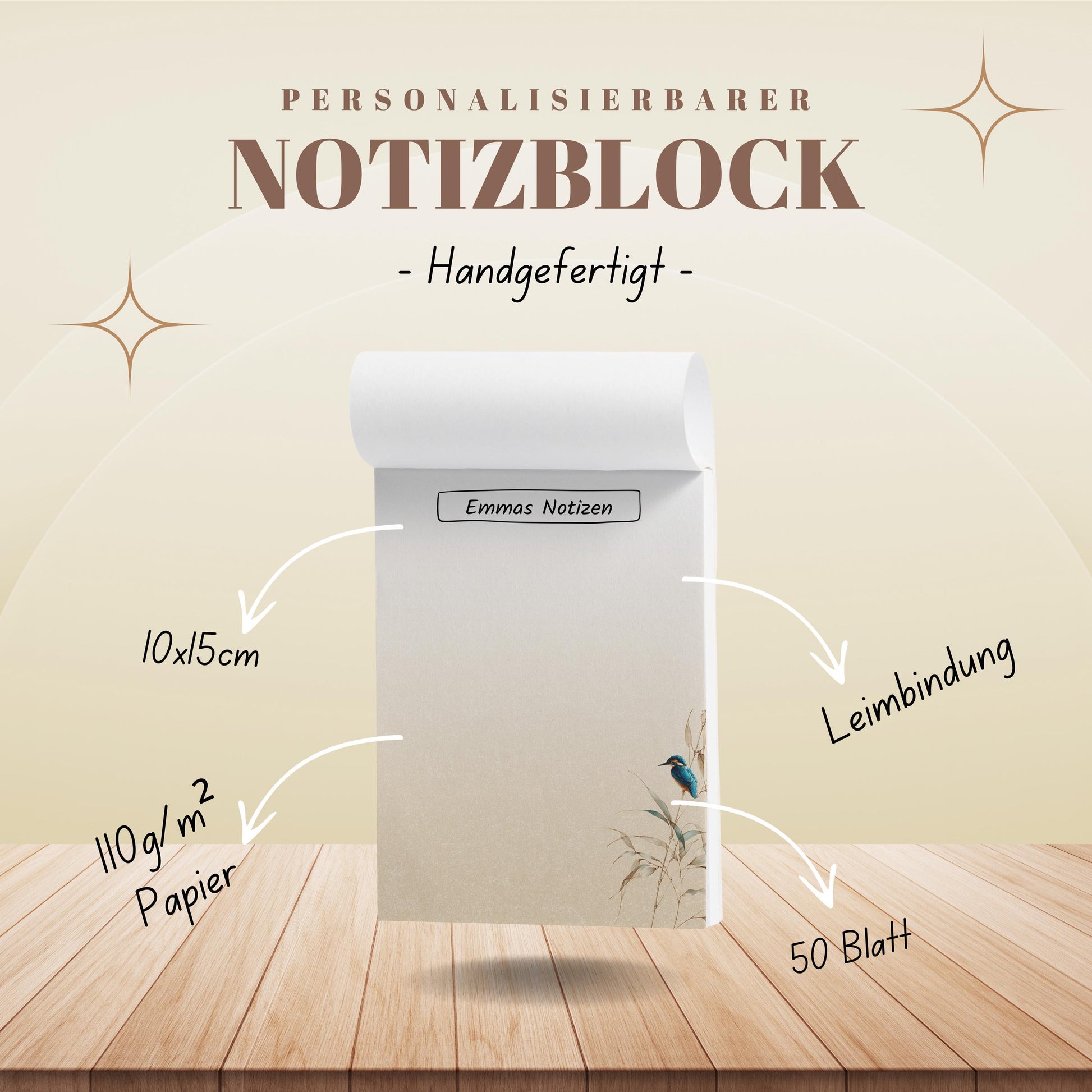 Notizblock Eisvogel Design, 10x15 cm, 50 Blatt mit Leimbindung, personalisierbar mit Namen, Handmade, Geschenk Ornithologe
