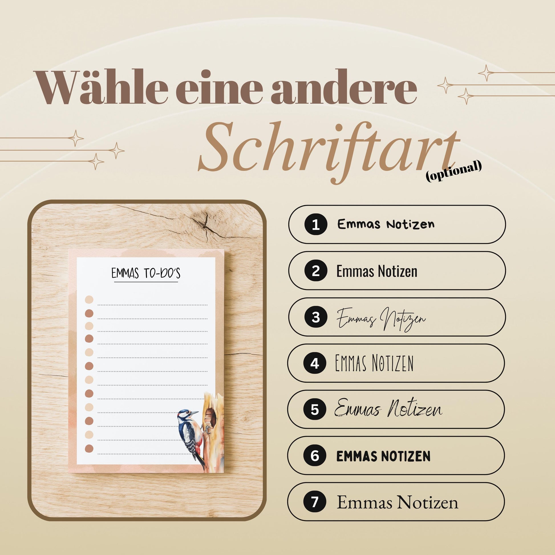 Notizblock Specht Vogel Design, 10x15 cm, 50 Blatt mit Leimbindung, personalisierbar mit Namen, Handmade, Geschenk Ornithologe