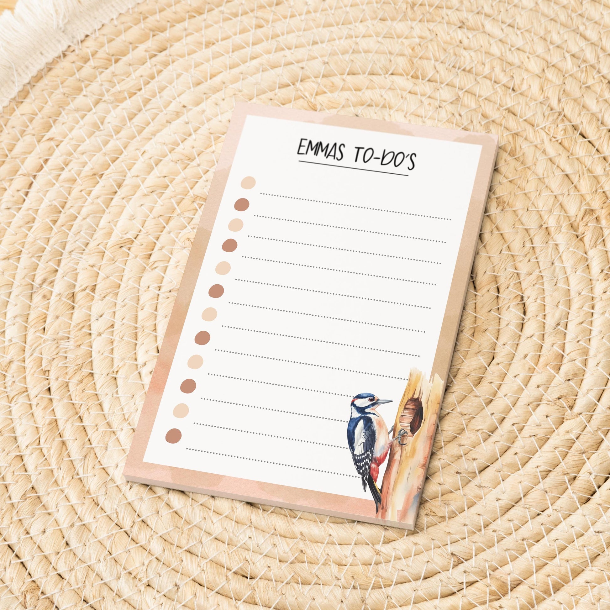 Notizblock Specht Vogel Design, 10x15 cm, 50 Blatt mit Leimbindung, personalisierbar mit Namen, Handmade, Geschenk Ornithologe