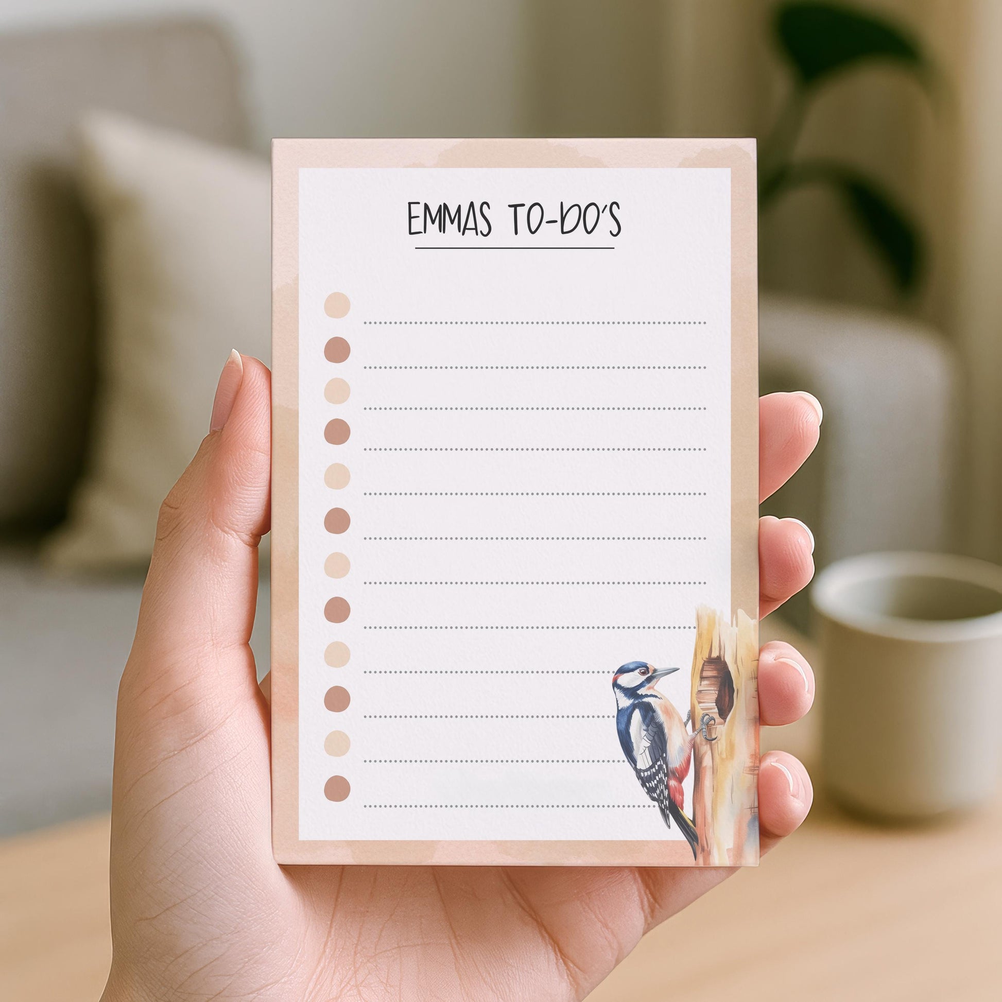 Notizblock Specht Vogel Design, 10x15 cm, 50 Blatt mit Leimbindung, personalisierbar mit Namen, Handmade, Geschenk Ornithologe